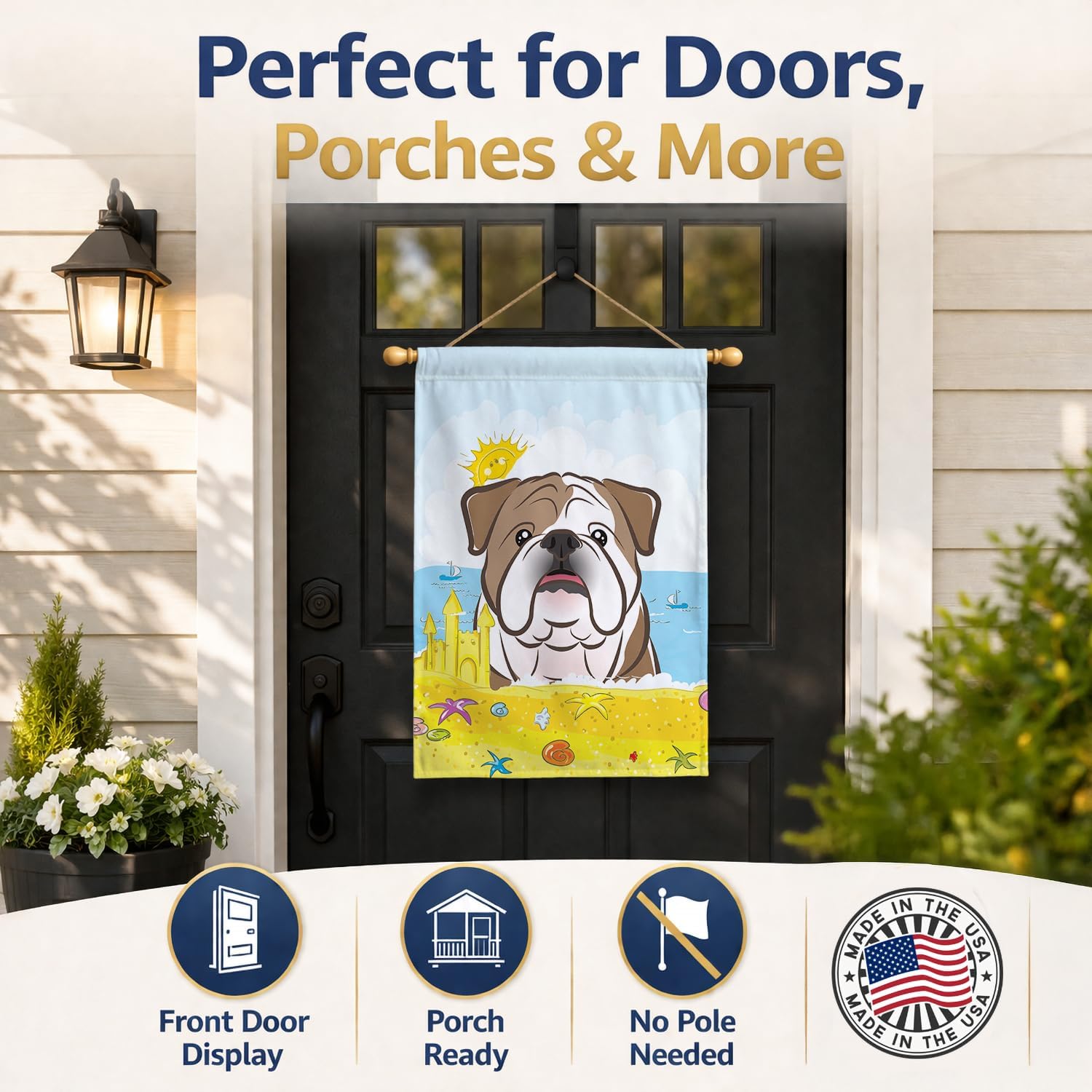 Caroline's Treasures BB2087CHF English Bulldog Summer Beach House Flag Large Porch Sleeve Pole Decorative Outside Yard Banner Artwork Wall Hanging, Polyester, House Size, Multicolor