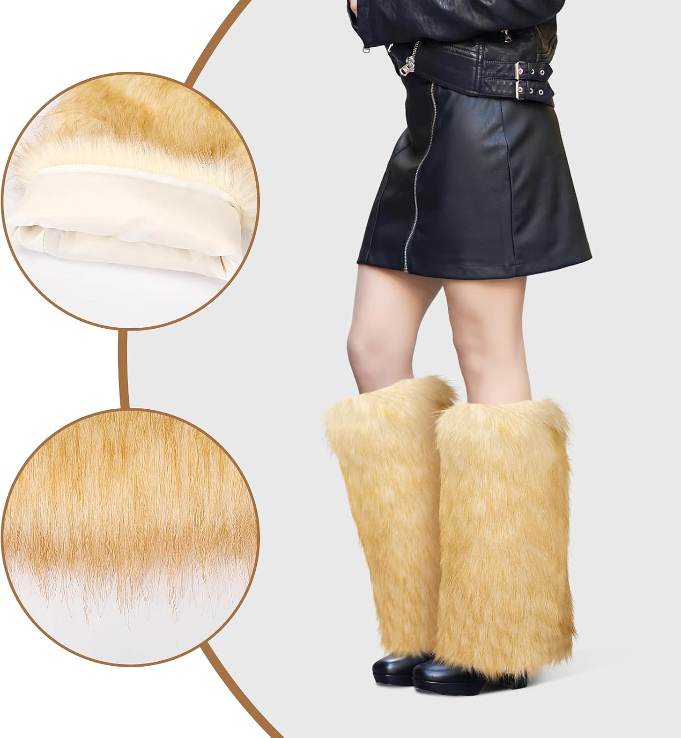 XEPST Faux Fur Fuzzy Leg Warmers Furry Boot Covers for Women, Women's Fur Leg Warmers Warm Fuzzy Boot Cuff Boot Sleeves for Party Costumes, Tie Dye Style, White + Gold - Image 2