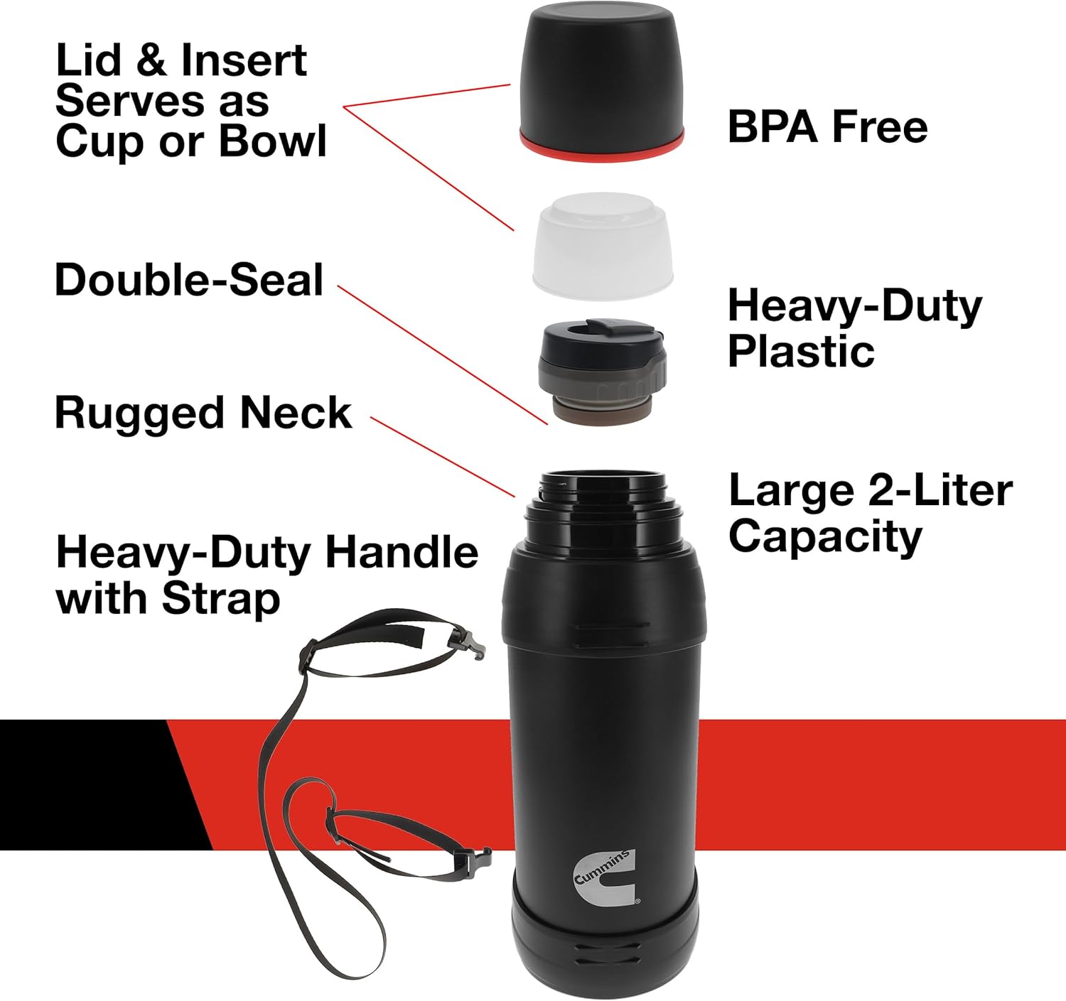Cummins CMNTHERMOSBK Large 2-Liter Stainless Steel Insulated Water Bottle 67-Ounce Vacuum-Insulated Thermal-Black and Red