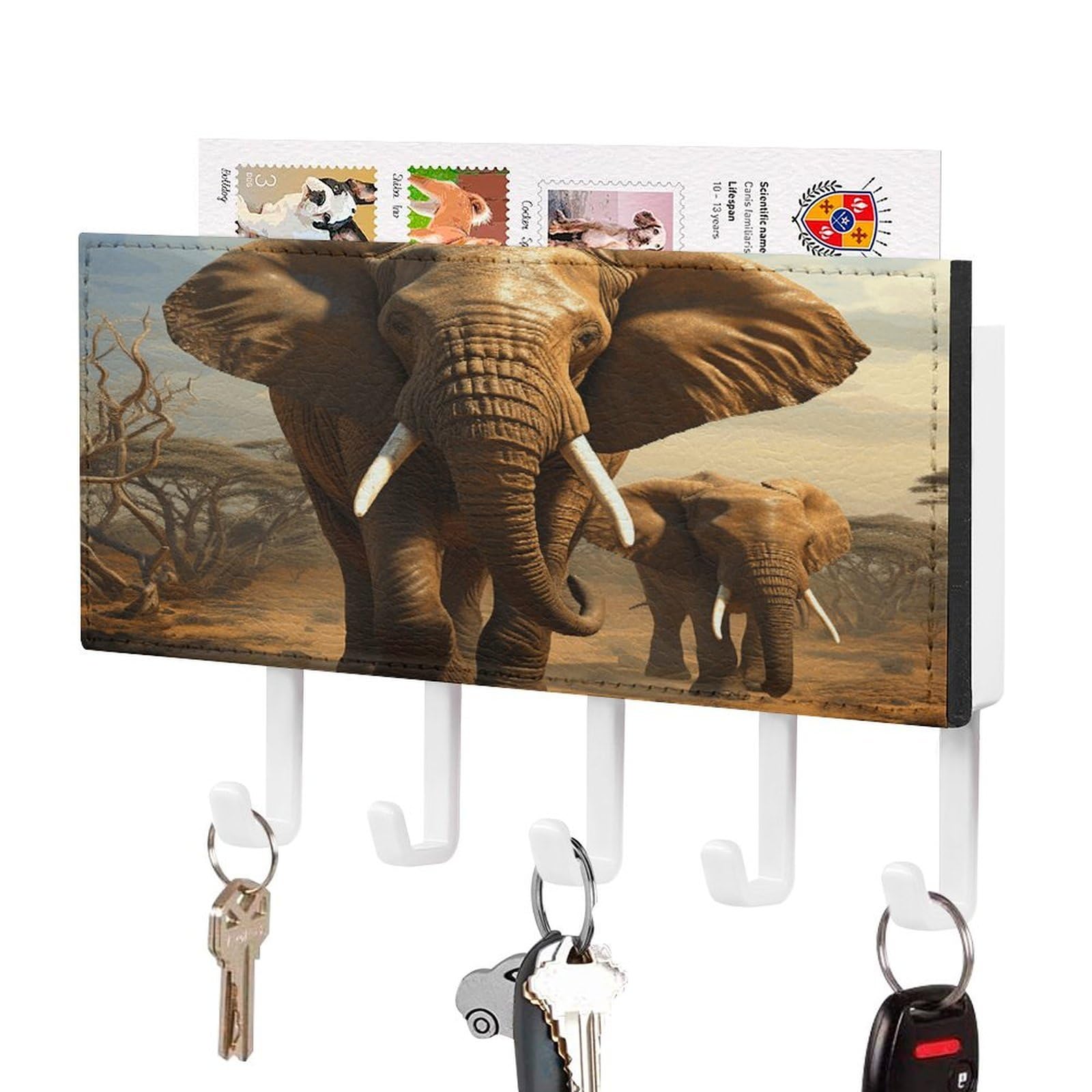 Fekiloot White-Style Elephant Animals Key Holder Wall Mount Key Hanger With 5 Hooks Decorative Key Rack Hanging Key Hooks With Mail Organizer Key Holder For Wall Living Room Kitchen Bathroom Hallway White