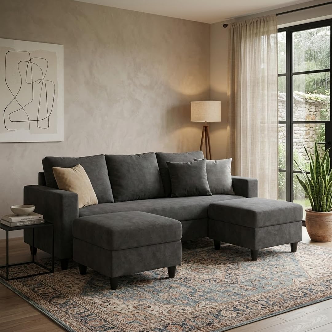 CASASTYLE Primo 5 Seater L Shape Sofa Set with 2 Movable Ottoman | Flexible Left or Right Layout | Cozy Velvet Fabric | Soft Touch Seating | Modern Designer Sofa for Living Room (Dark Grey)