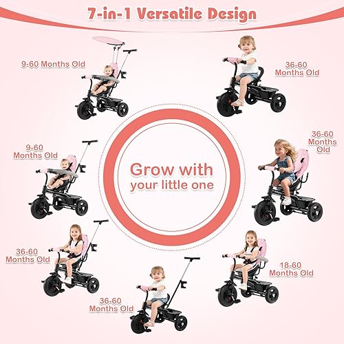 Miniatura 36 de BABY JOY Triciclo, bicicleta 4 en 1 para niños pequeños con toldo extraíble, asa de empuje ajustable, asiento reversible, cinturón de seguridad