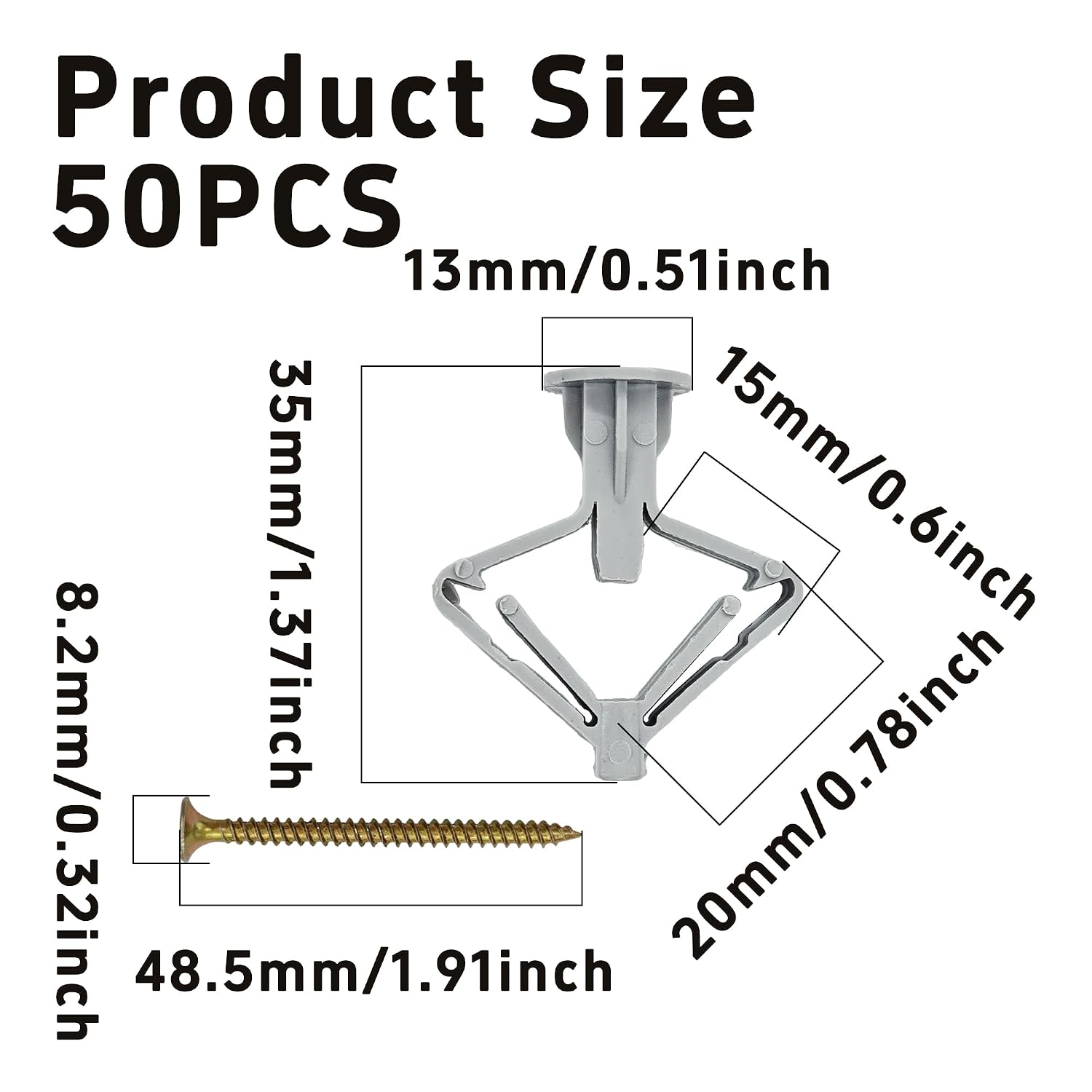 50 Sets Drywall Anchor Kit, Self-Drilling Hollow Wall Anchors with Screws, Plastic Expansion Anchors for Drywall, Gypsum Board, Plasterboard, Gray