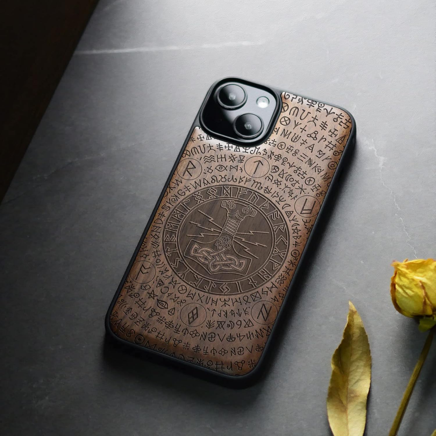 Carveit Magnetic Wood Case for iPhone 14 Case [Natural Wood & Black Soft TPU] Unique & Classy Wooden Shockproof Protective Cover Compatible with magsafe (Thors Hammer -Walnut)