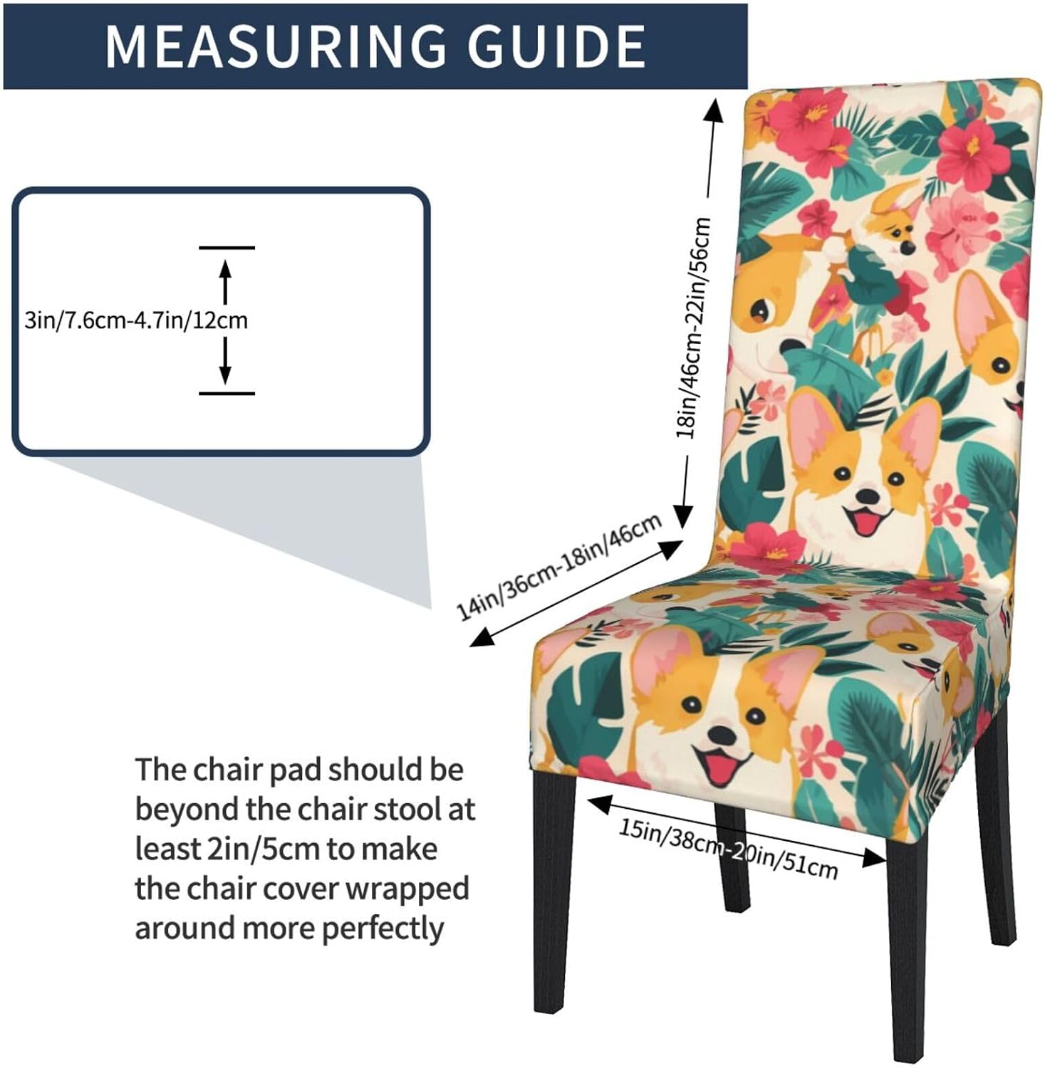 Tropical Flower and Corgi Prints Protection Cover for Dining Chair – Stretchy & Wrinkle-Resistant Chair Throw Covers for Dining Room, Hotel, and Event Decor