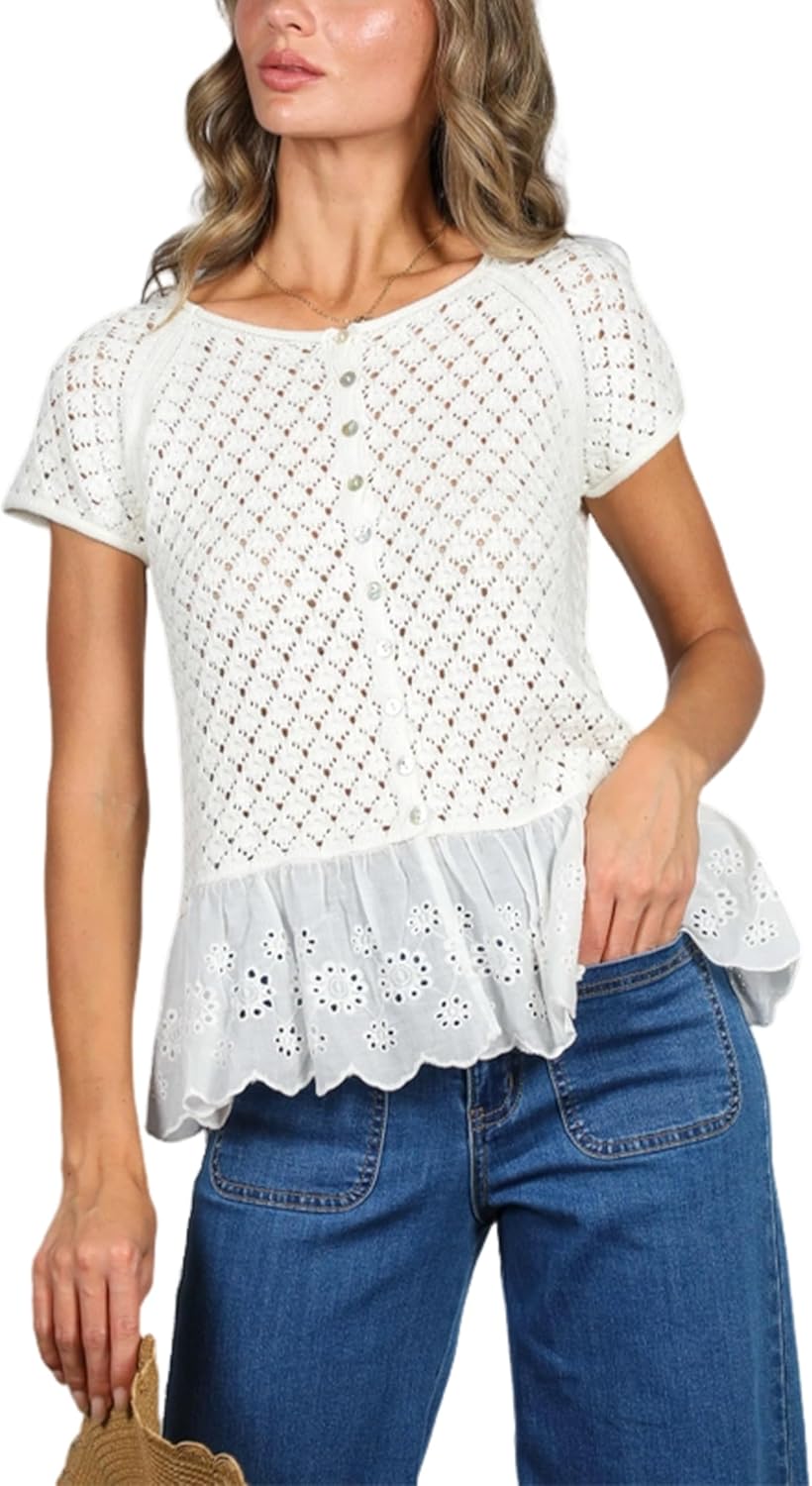Women's Casual Short Sleeve Crochet Knit Cardigan Patchwork Eyelet Lace Ruffle Hem Button Front Sweater