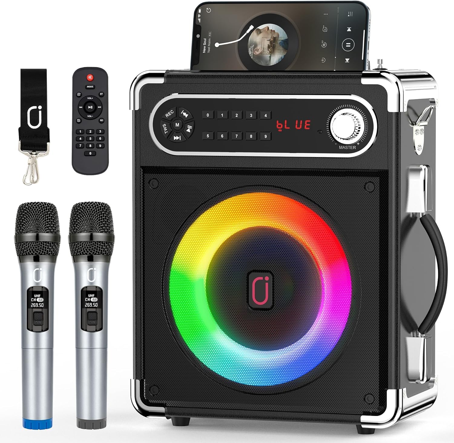 JAUYXIAN Macchina karaoke con 2 microfoni, altoparlante Bluetooth, sistema audio per feste, altoparlante portatile, scatola musicale con luci a LED, supporta scheda USB/TF/AUX/FM/Rec per feste ed