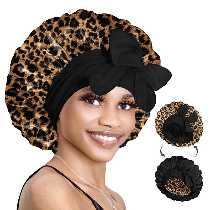 Touca de cetim BONNET QUEEN com forro duplo, faixa ajustável e estampa Leopard