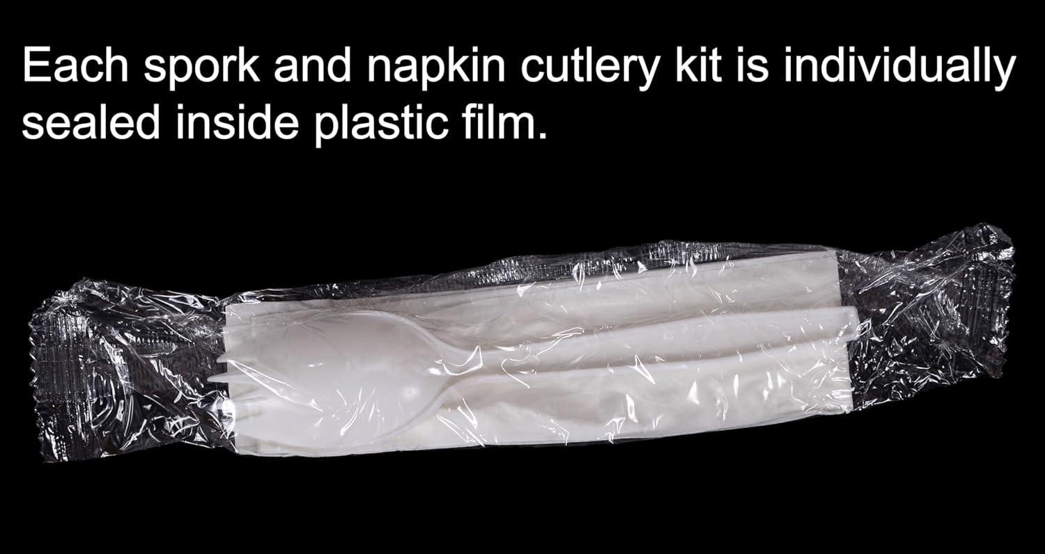 Daxwell Plastic Cutlery Kits, Medium Weight Polypropylene (PP), Spork, Napkin, White, B10002763 (Case of 1,000)
