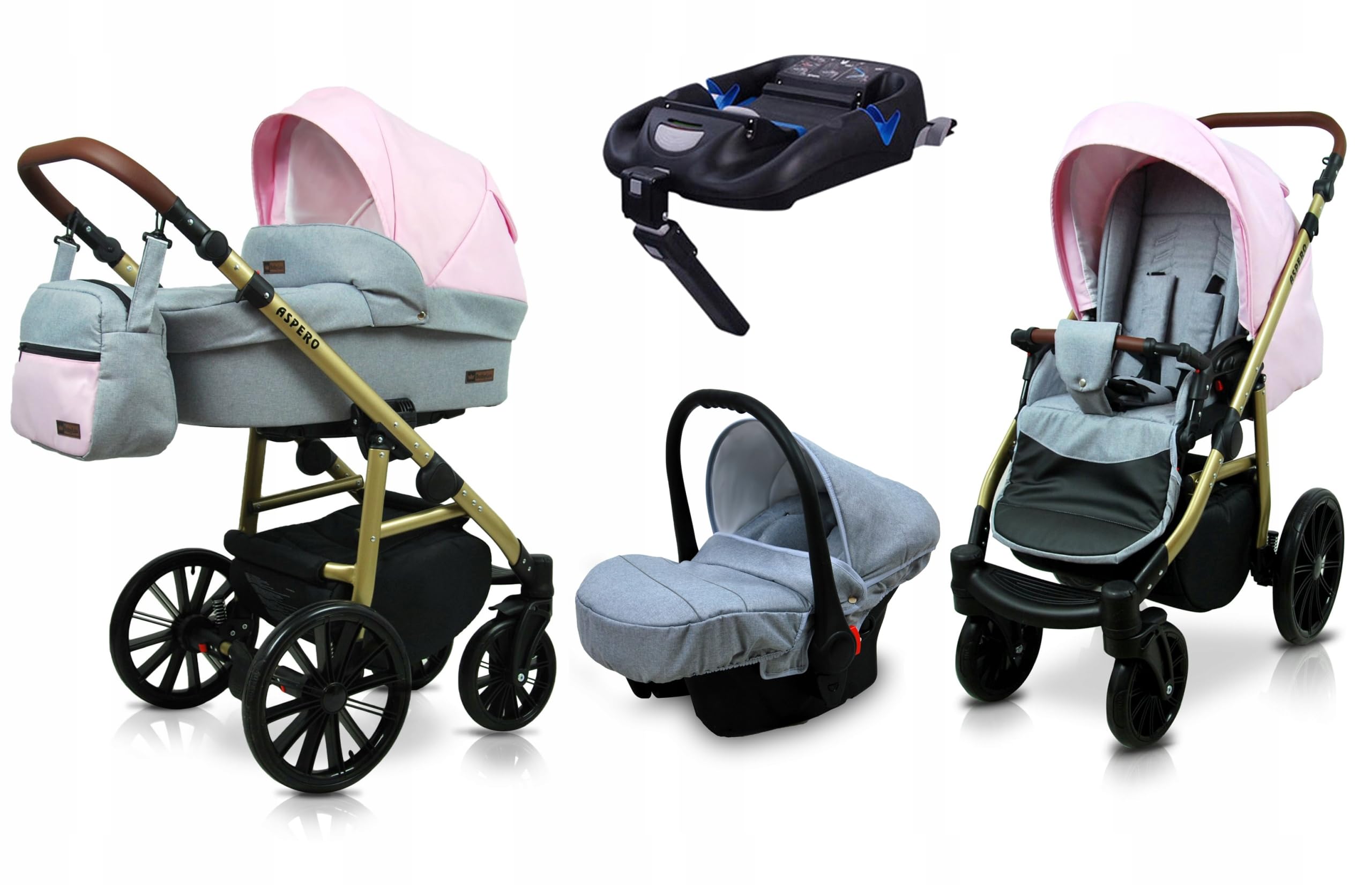 BabyLux® Wózek dziecięcy kompletny zestaw 4 w 1 - Aspero - w tym gondola dla niemowląt, wędka, fotelik samochodowy, podstawa ISOFIX - system kombinowany dla niemowląt, z torbą do przewijania itp.