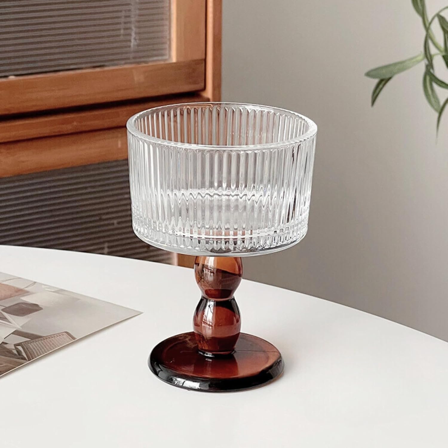 Amber Striped Glass Goblet - 200ml Vintage Handcrafted Glass with Textured Pattern, Retro Amber Stem, Perfect for Champagne, Wine, Cocktails, and Celebrations