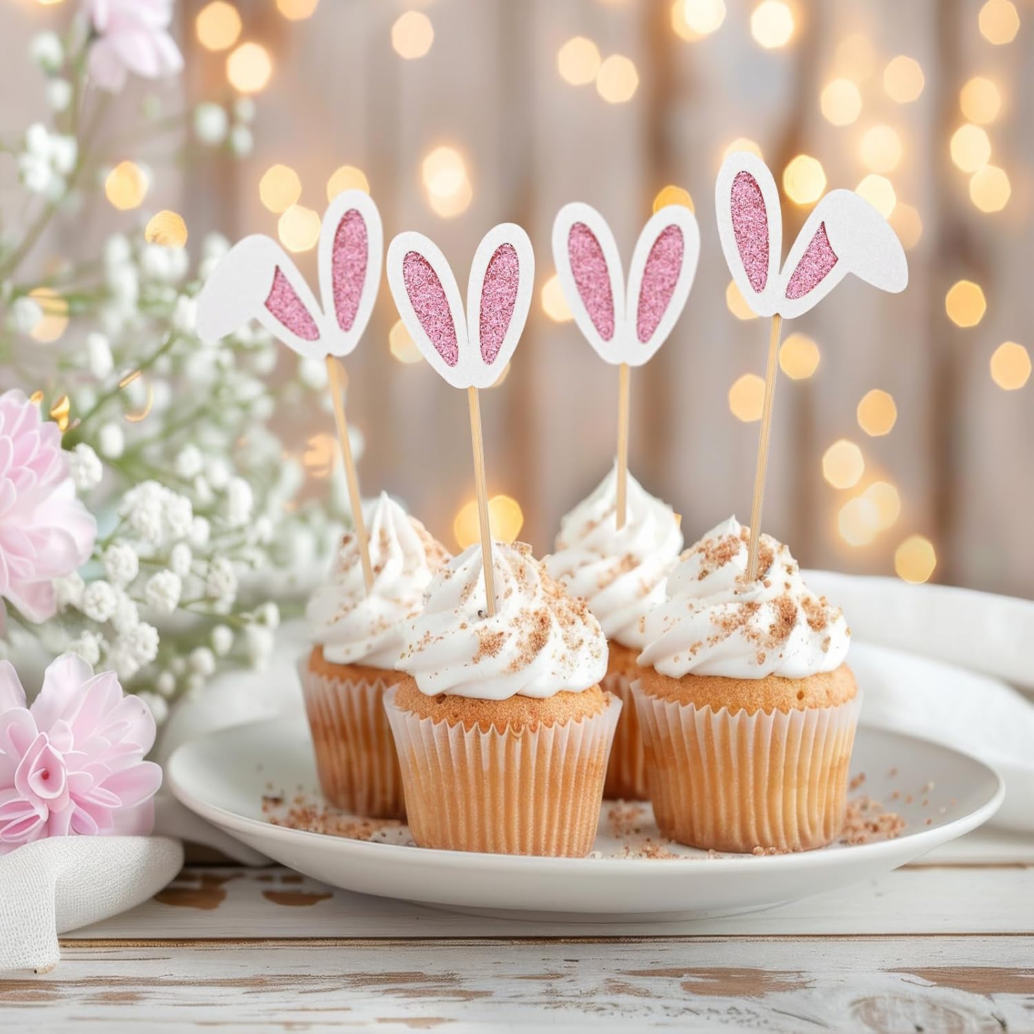 24 Pack Easter Bunny Ear Cupcake Toppers Glitter Easter Party Decorations Bunny Ear Cupcake Toppers Happy Birthday Cupcake Picks for Spring Birthday Baby Shower Party Supplies - Rabbit Lover