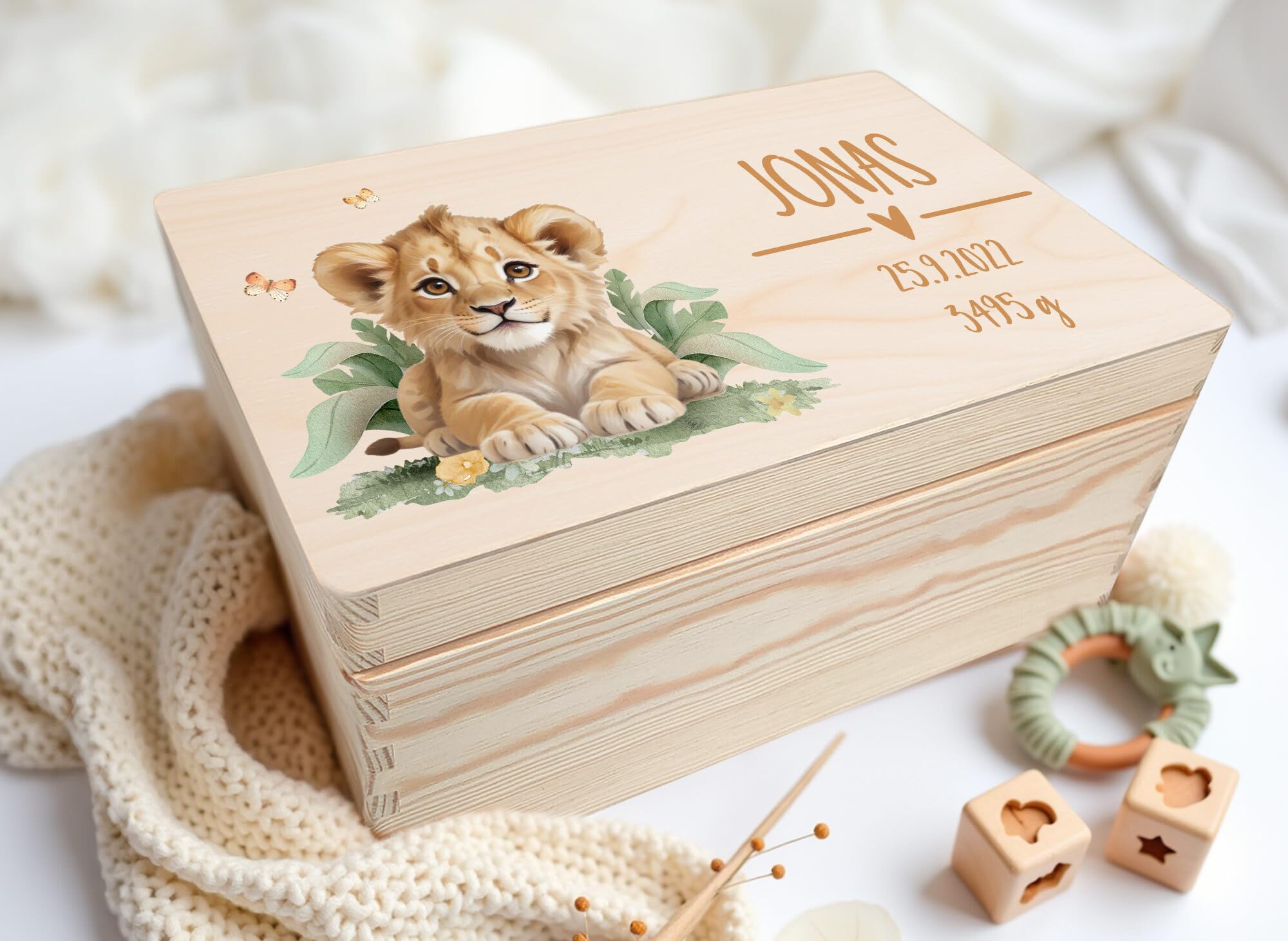 Little Deco Erinnerungsbox Baby Holzkiste mit Dschungel Löwe | L - 40 x 30 x 22 cm | personalisiert mit Namen Geburt & Taufe für Mädchen und Jungen XHL1010-03L