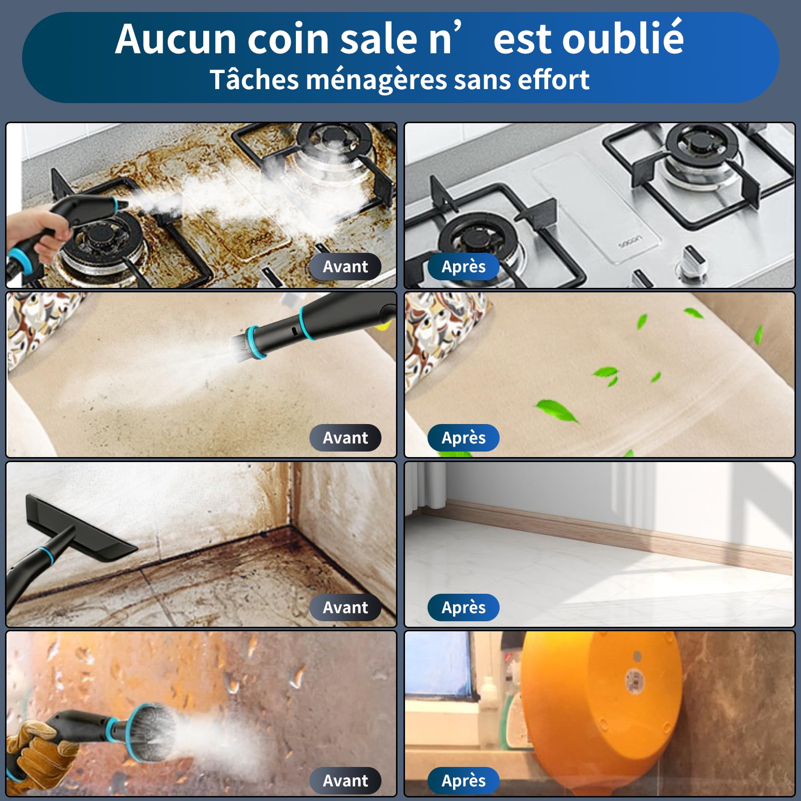Nettoyeur vapeur portatif, 2500 W, 8 buses, 6 niveaux de vapeur, réservoir de 1250 ml, Nettoyeur Vapeur à Main pour Fenêtres, Cuisine, Voiture, Salle de Bain (Blanc 1)