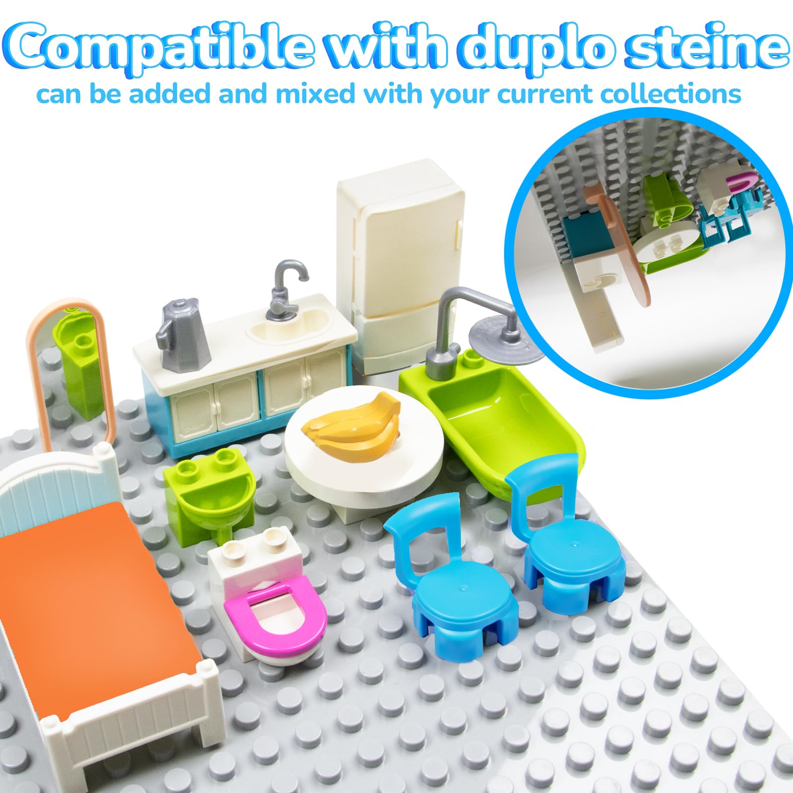 Großen Bausteinen Zubehör Set, Erweiterung mit Bett, Sofa- & Möbeln Kompatibel mit Allen Duplo Steinen Kreatives Bauen ab 3 Jahren