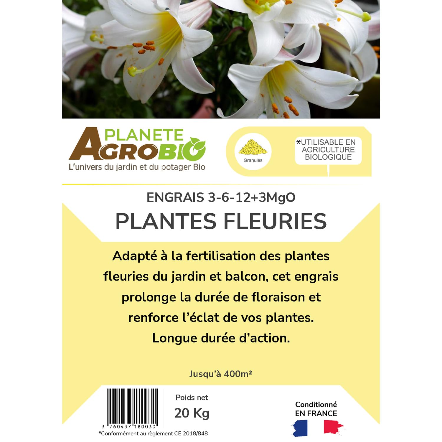 Engrais micro granulés 3-6-12 plantes fleuries 20 Kg