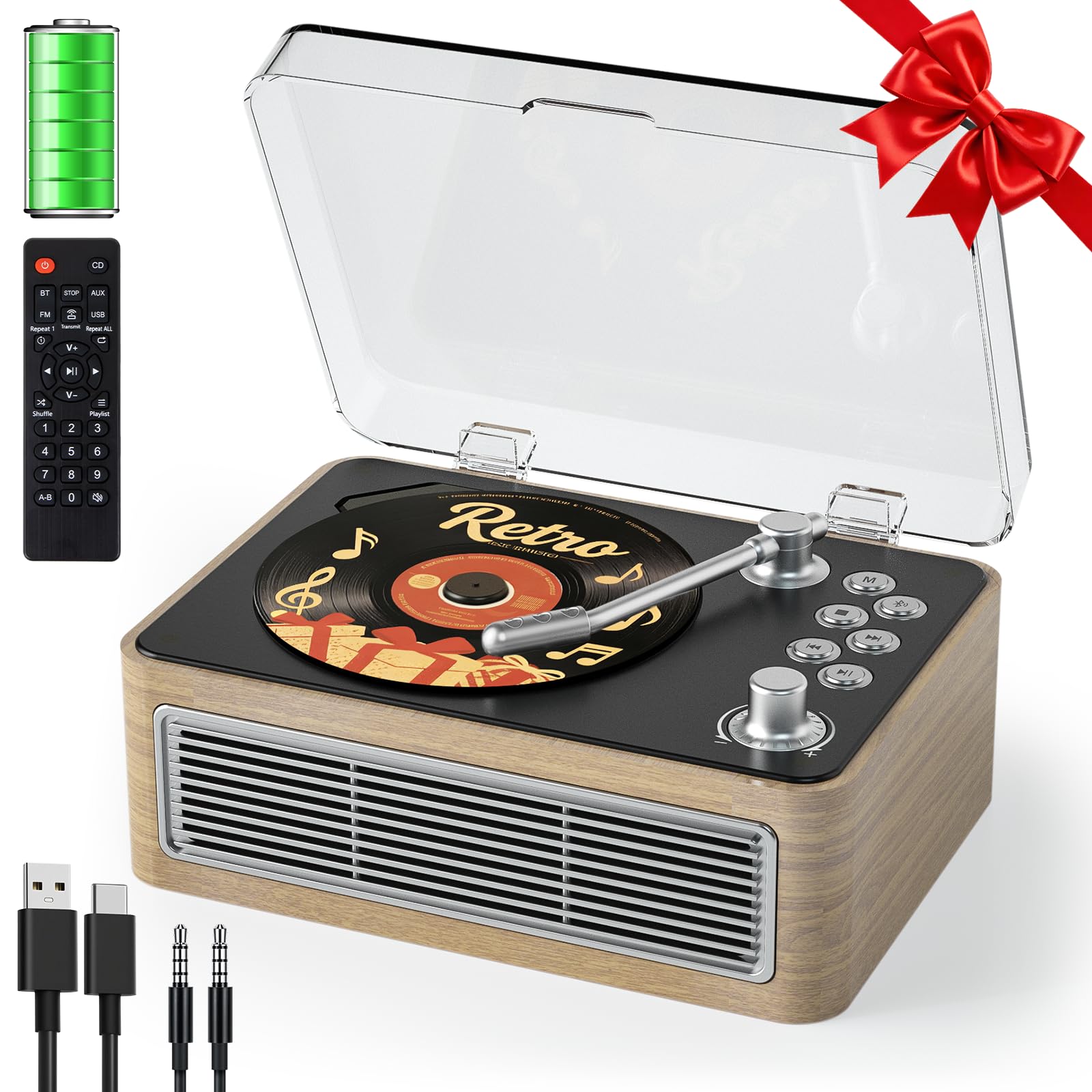 Gueray Lecteur CD Portable Bluetooth, Lecteur CD Rétro avec Haut-parleurs Batterie 3600 mAh Radio Télécommande, supporte la Lecture USB/AUX, Prise Casque, Chêne