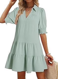 Casual Dresses for Women Lapel Collared V Neck Mid Sleeved Pleated Summer Dresses for Women 2025 Midi Dresses