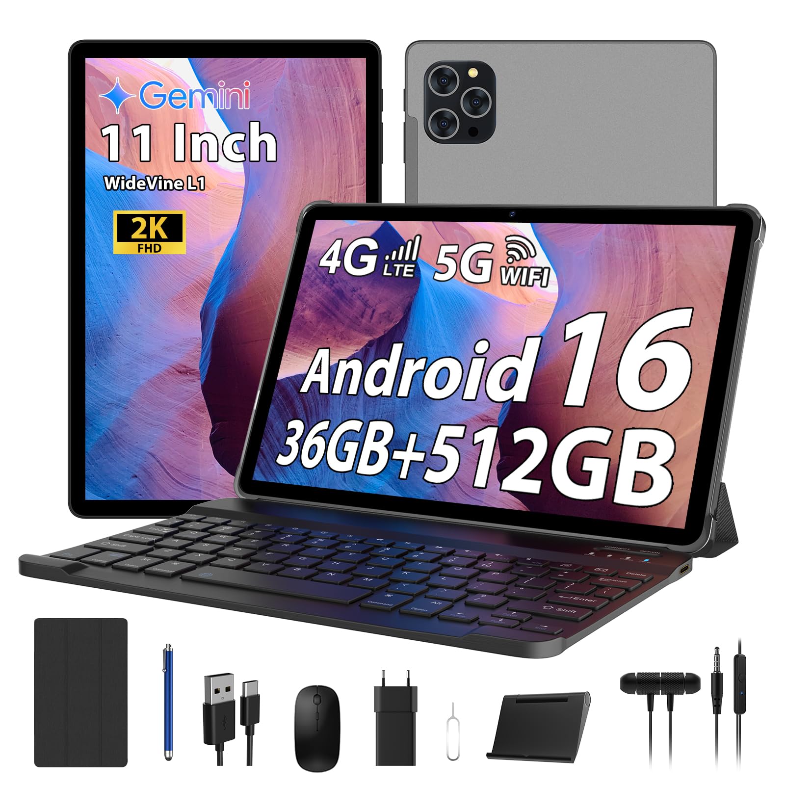 Tablet 11 Pulgadas Android 16 con 36GB RAM+512GB ROM (2TB TF), 4G LTE & 5G WiFi, Octa-Core 2.0GHz, 8000mAh, 13MP+8MP, Widevine L1,Gemini AI, GPS, BT 5.0, Tablet con Teclado, Gris
