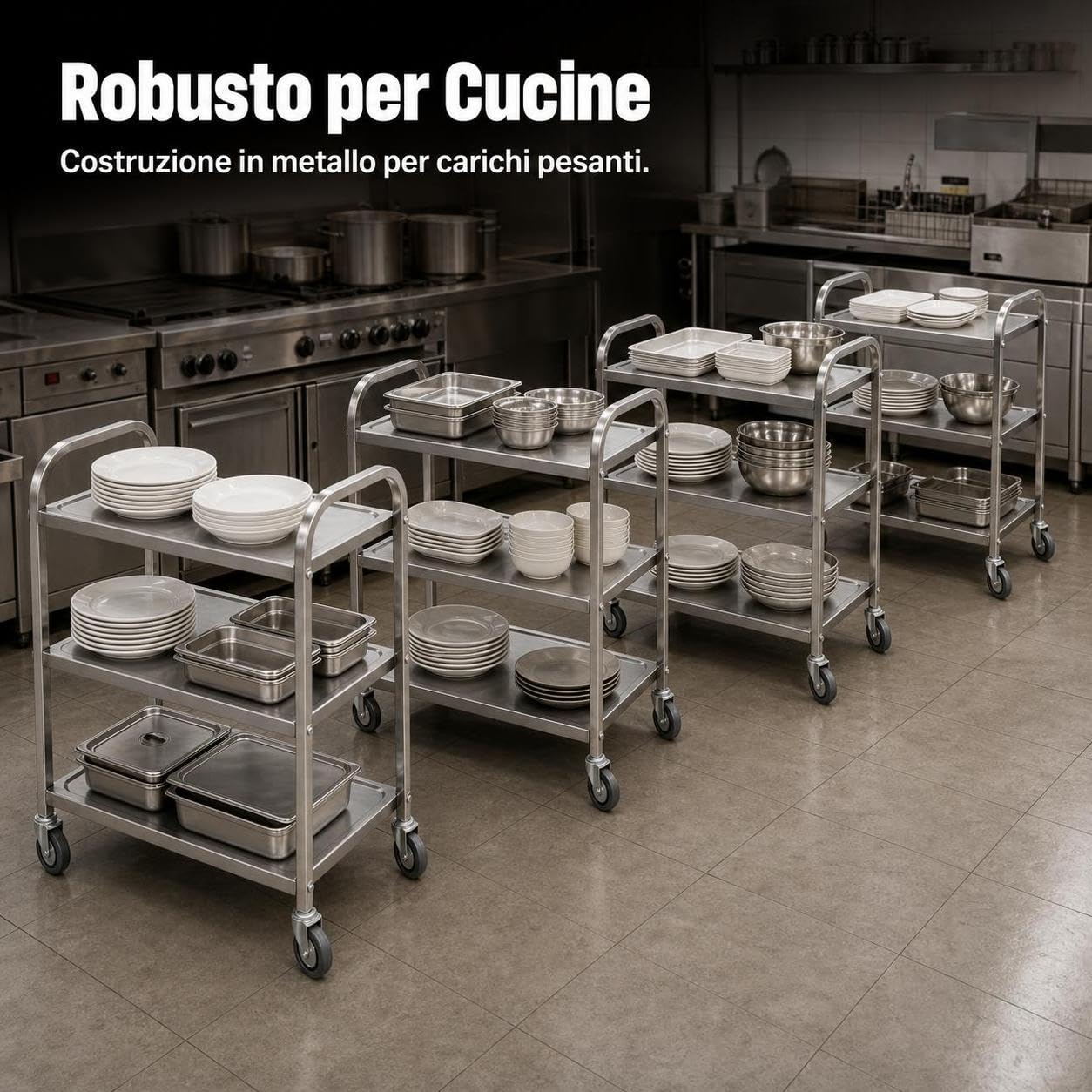 Carrello Multiuso da Ristorante Mobile, Carrello 3 ripiani grande spesso