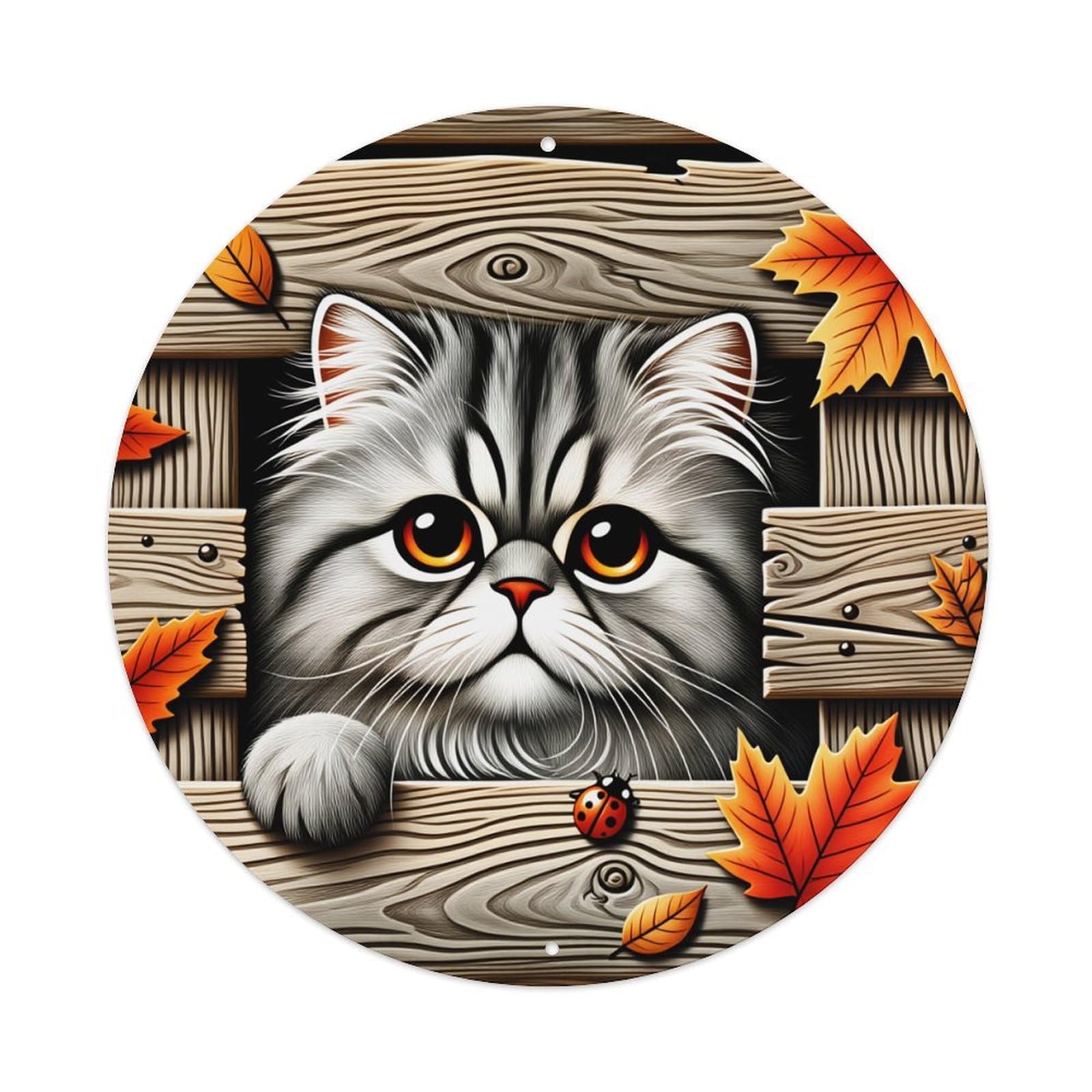 Cat Autumn Leaves Wood Ladybug Round Tin Sign Vintage Style Metal Sign Home Bar Garden Wall Plaque Decor Metal Poster 8x8 Inch