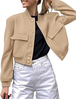 Zeagoo Women Bomber Jacket Button Down Varsity Jackets Casual Shacket | Fall Varsity Shackets, Trendy Casual Outerwear, Cute Winter Warm Coats, Business Work Clothes, Lightweight School Outfits