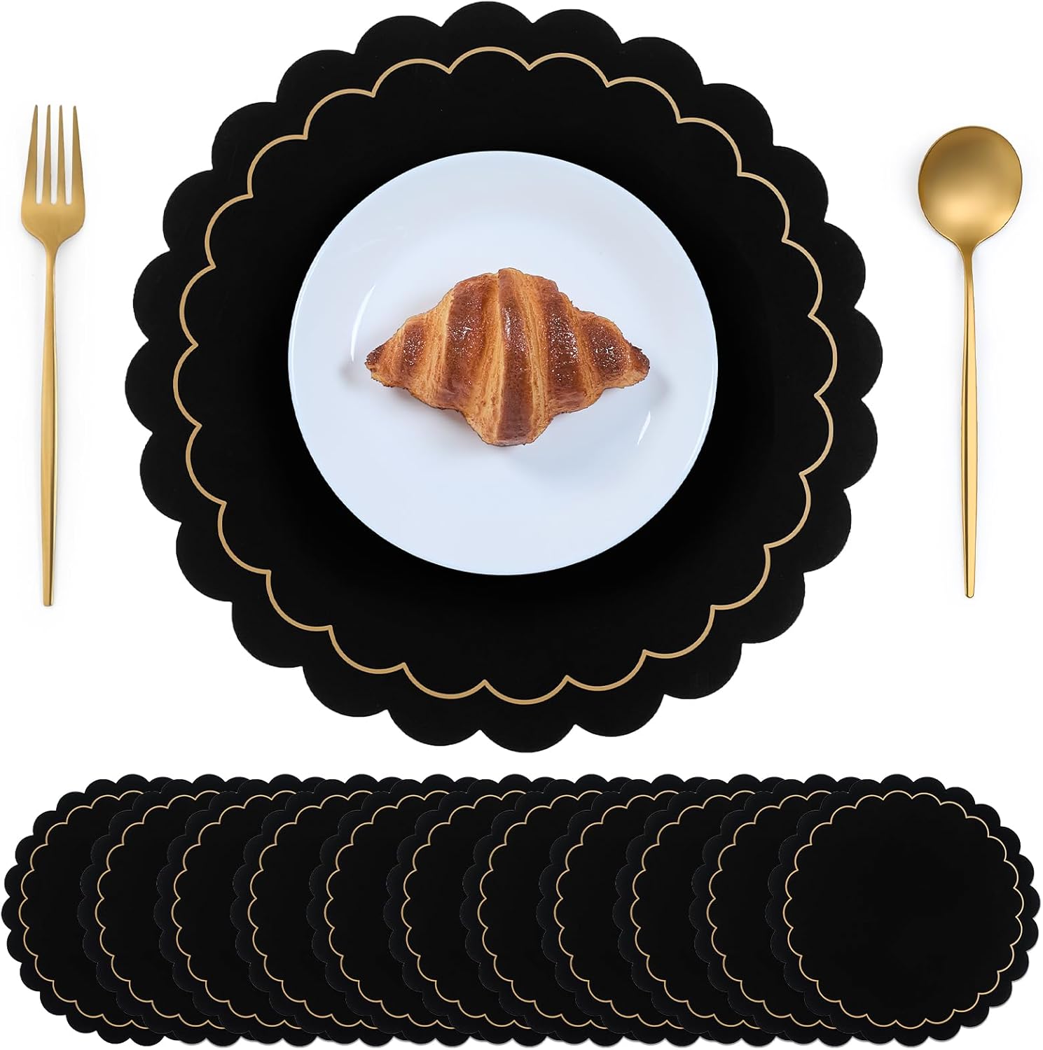 100pcs Black Disposable Paper Placemats – Scalloped Round Table Place Mats for Wedding, Party, Baby Shower, Banquet, Home Dining Table Decor