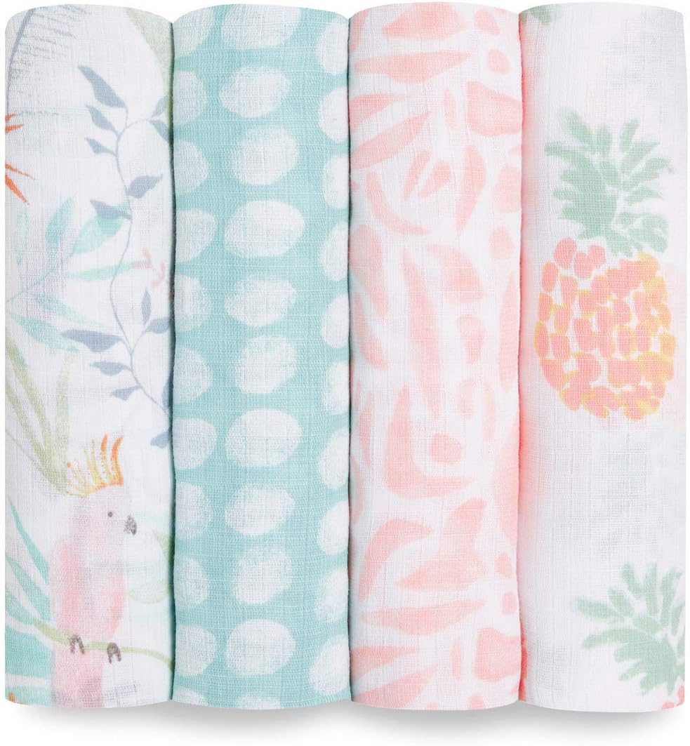 aden + anais Swaddle Blanket, Boutique Muslin Blankets for Girls & Boys, Baby Receiving Swaddles, Ideal Newborn & Infant Swaddling Set, 4 Pack, Tropicalia