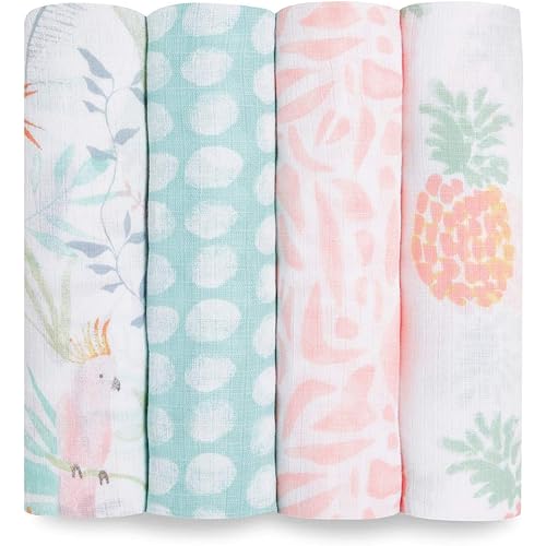 aden + anais Essentials Swaddle Blanket, Boutique Muslin Blankets for Girls & Boys, Baby Receiving Swaddles, Ideal Newborn & Infant Swaddling Set, Perfect Shower Gifts, 4 Pack, Tropicalia