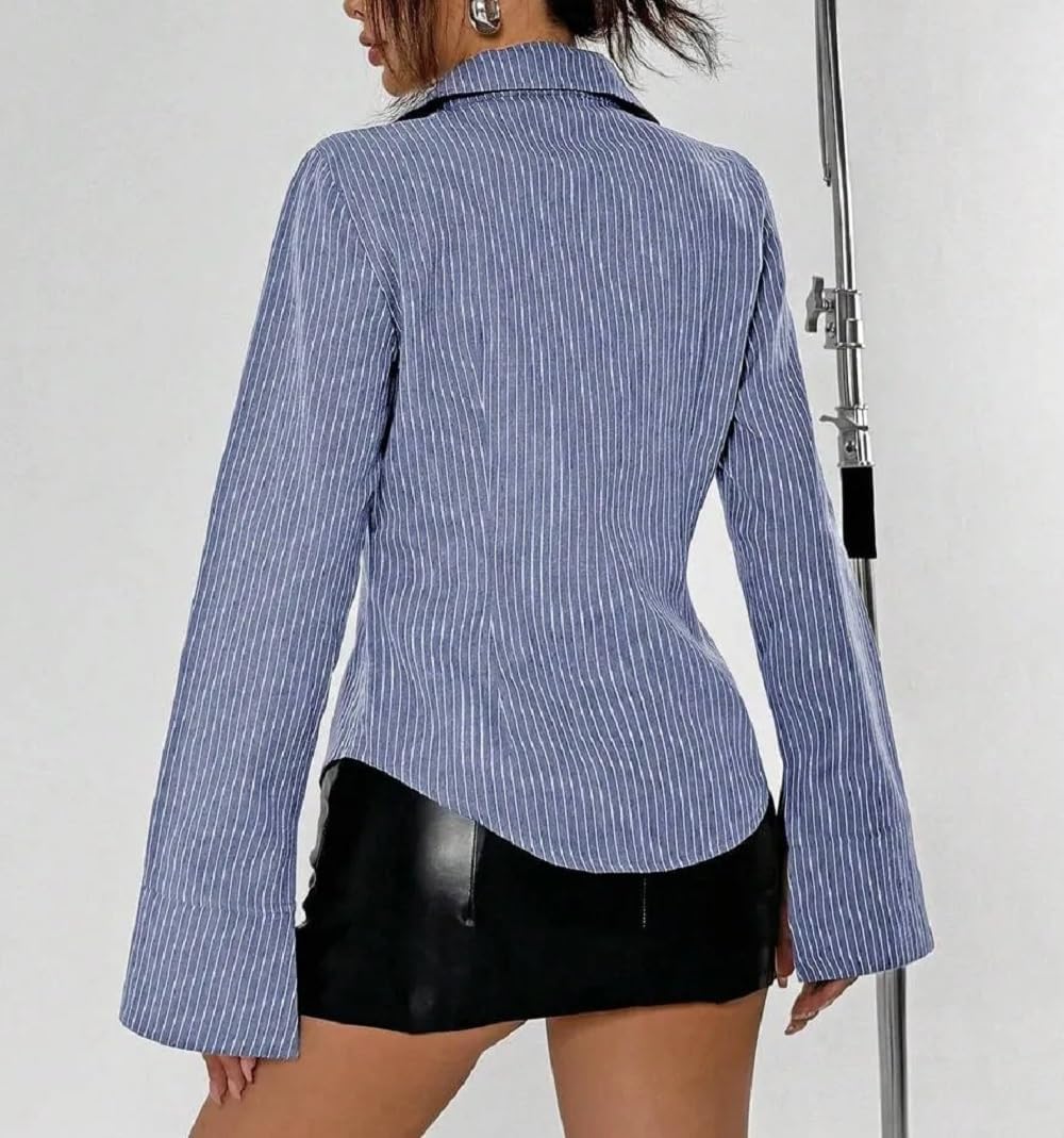 Women Y2K Fitted Button Down Shirt Striped Long Sleeve Coquette Shirt V Neck Vintage Aesthetic Preppy Blouse Top - Image 6
