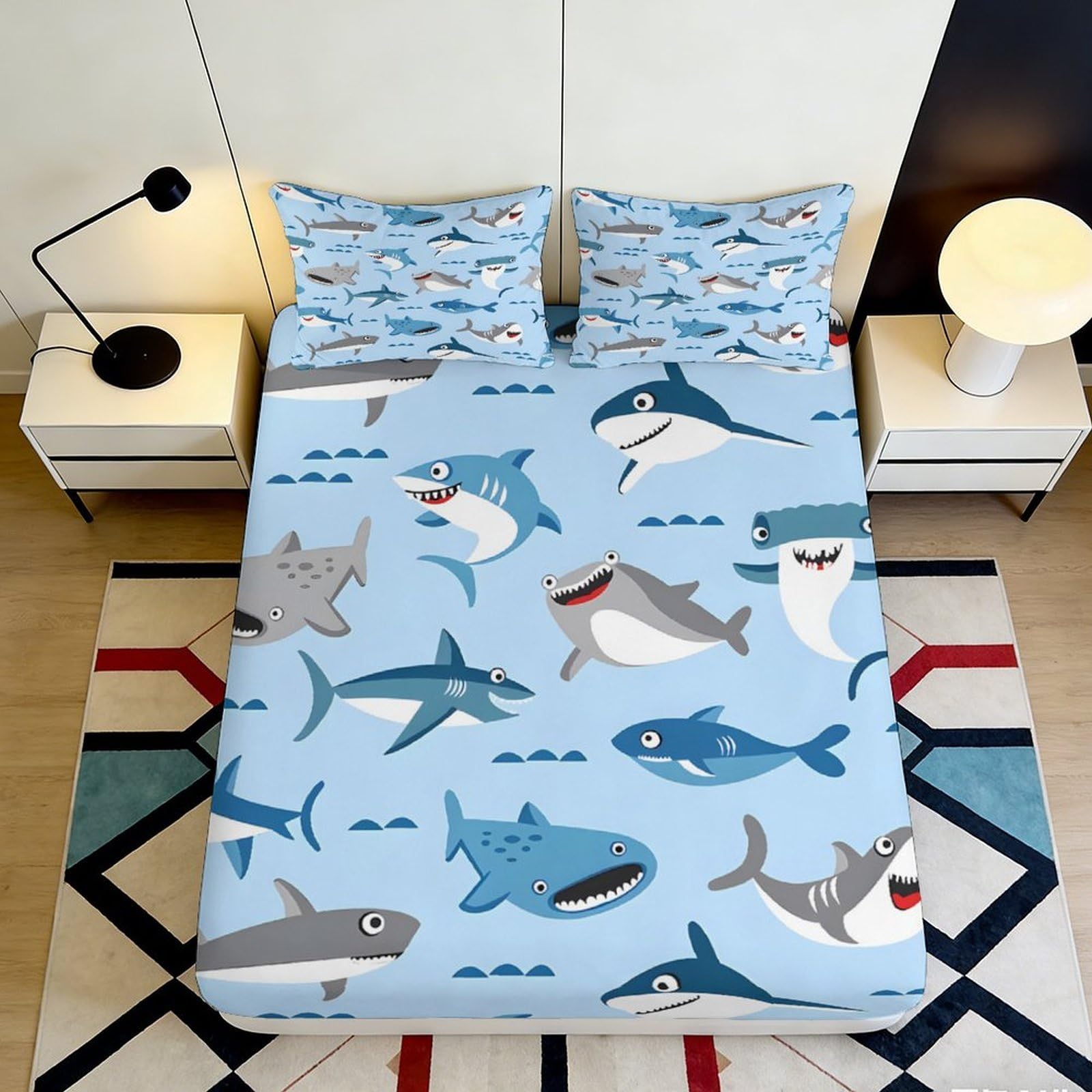 3D Printed Shark Ocean Fitted Sheet Microfiber Soft Blue Sea Fish Bed Sheet for Bedroom Dorm Mattress Protection Decor 90x200x25cm