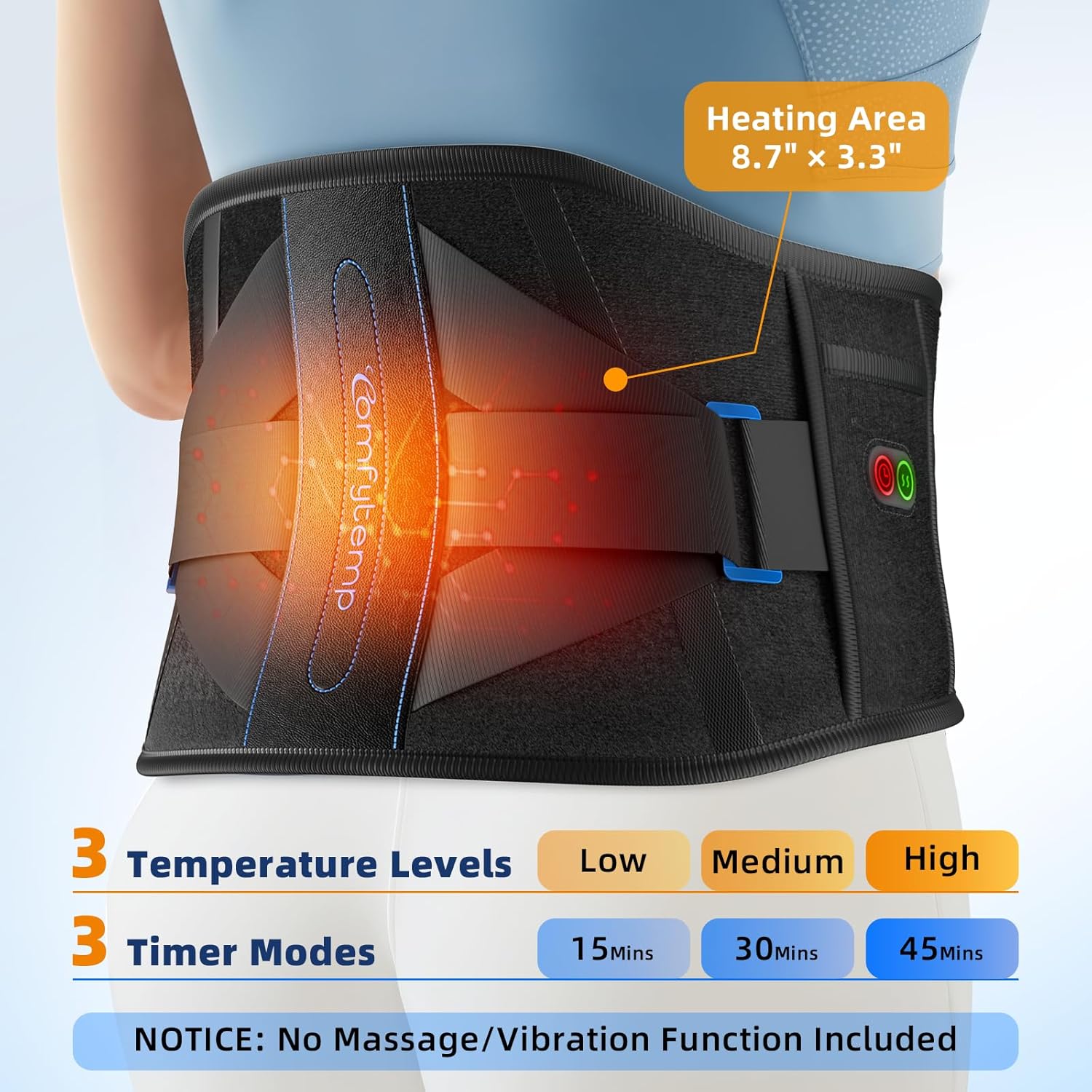 Comfytemp Cordless Heating Pad with Back Brace for Lower Back, FSA Eligible HSA Portable Wireless Wearable Heated Waist Belt, Rechargeable Lumbar Support Birthday Gift, 3 Heat 3 Timer, 52"(No Massage) - Image 3