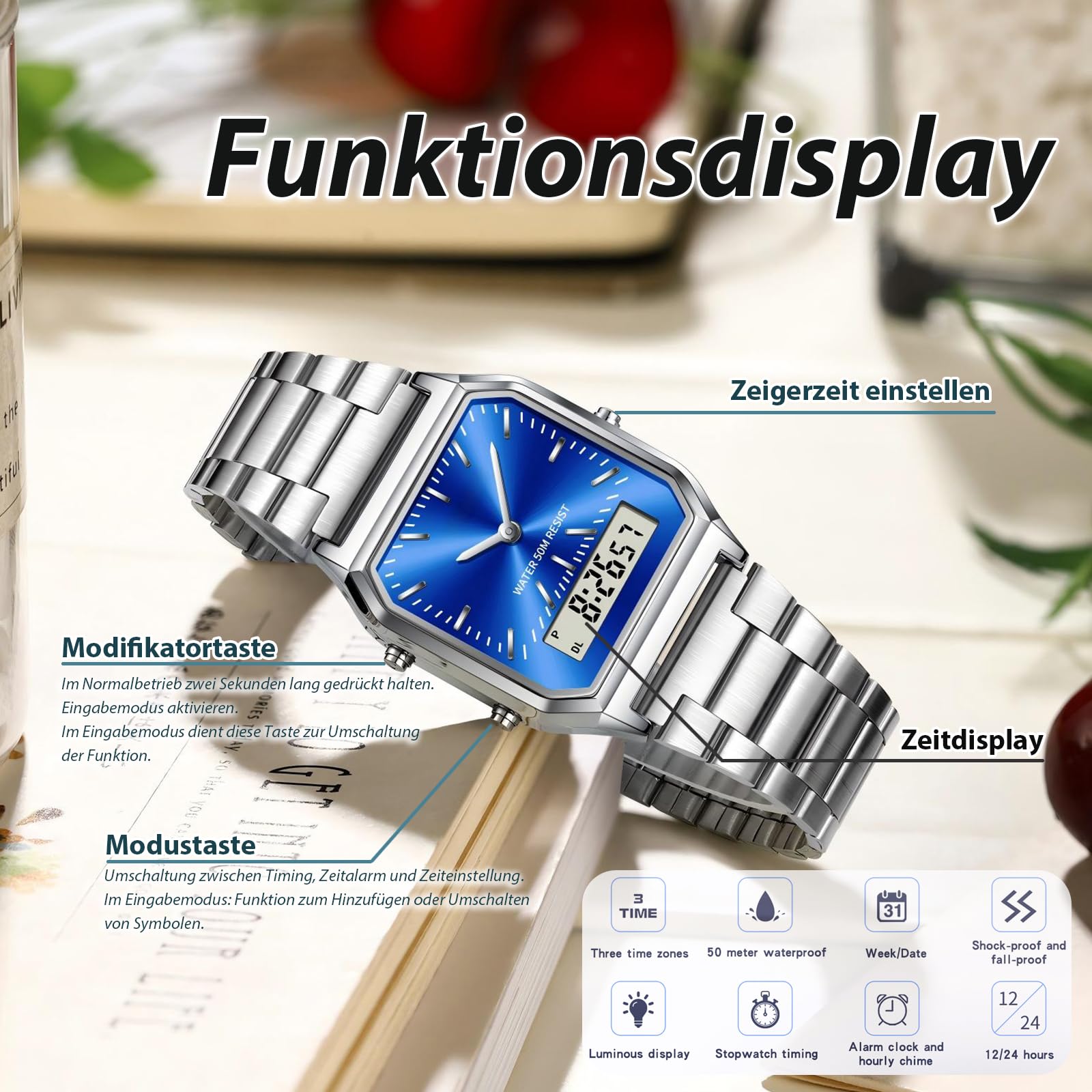 findtime Reloj de pulsera unisex analógico, digital, retro, reloj de cuarzo, resistente al agua, iluminación con fecha, alarma, cronómetro, reloj de mujer, reloj vintage y elegante