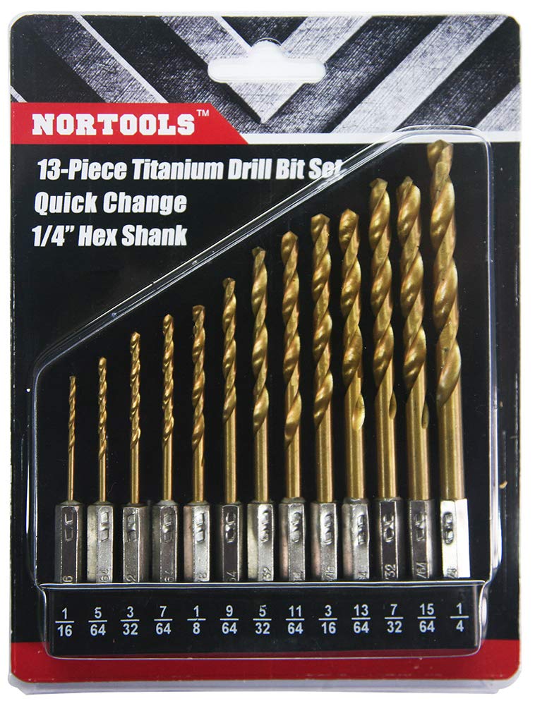 NORTOOLS 13 PCS HSS TiN Twist Drill Bits 1/4 Inch Quick Change Hex