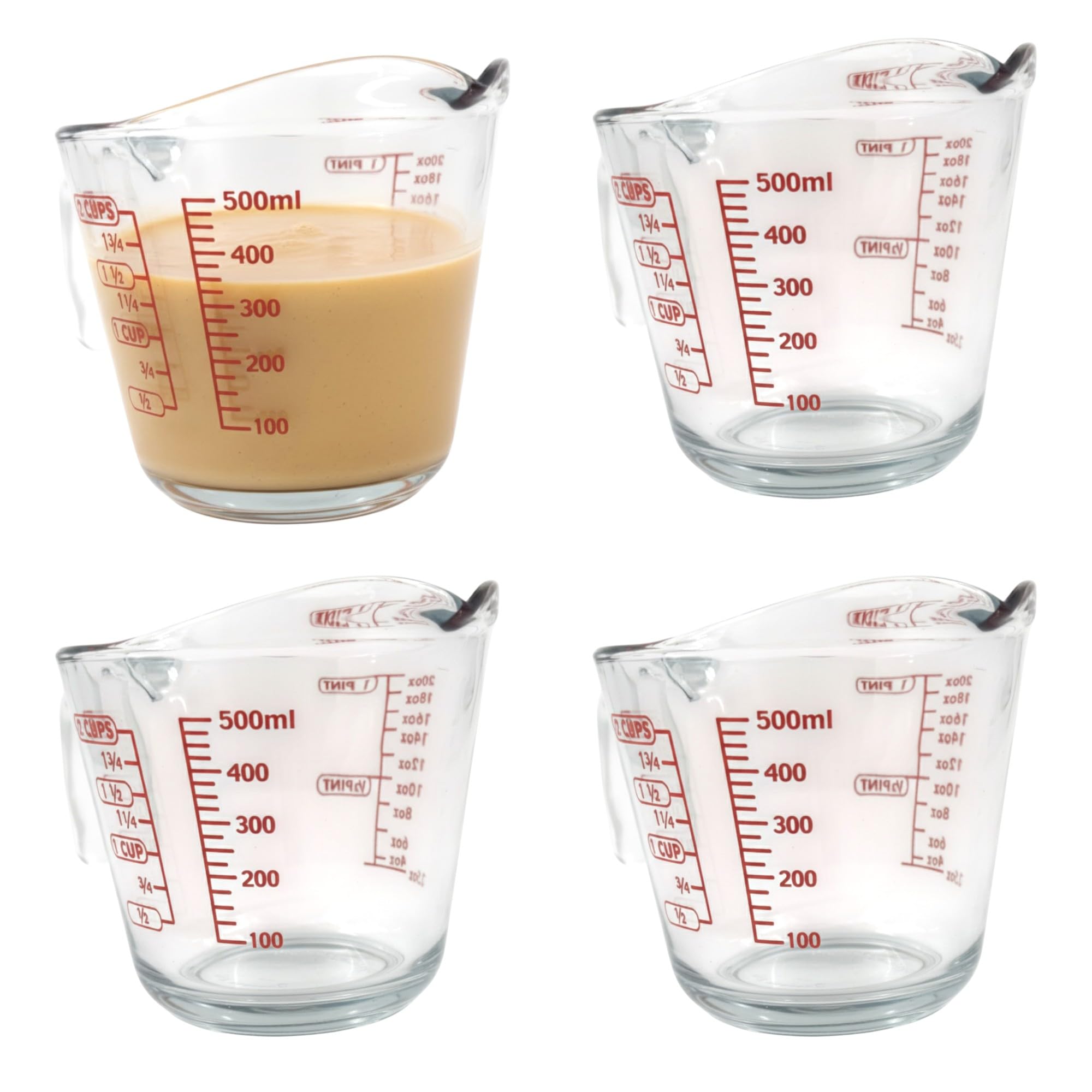 Chabrias Ltd 4 Pack 500 ml Glass Measuring Jug – Clear Tempered Glass with Red Graduations in ml, Cups & Pints – Dishwasher Safe & Freezer Safe Kitchen Measuring Cup (4) — image 1