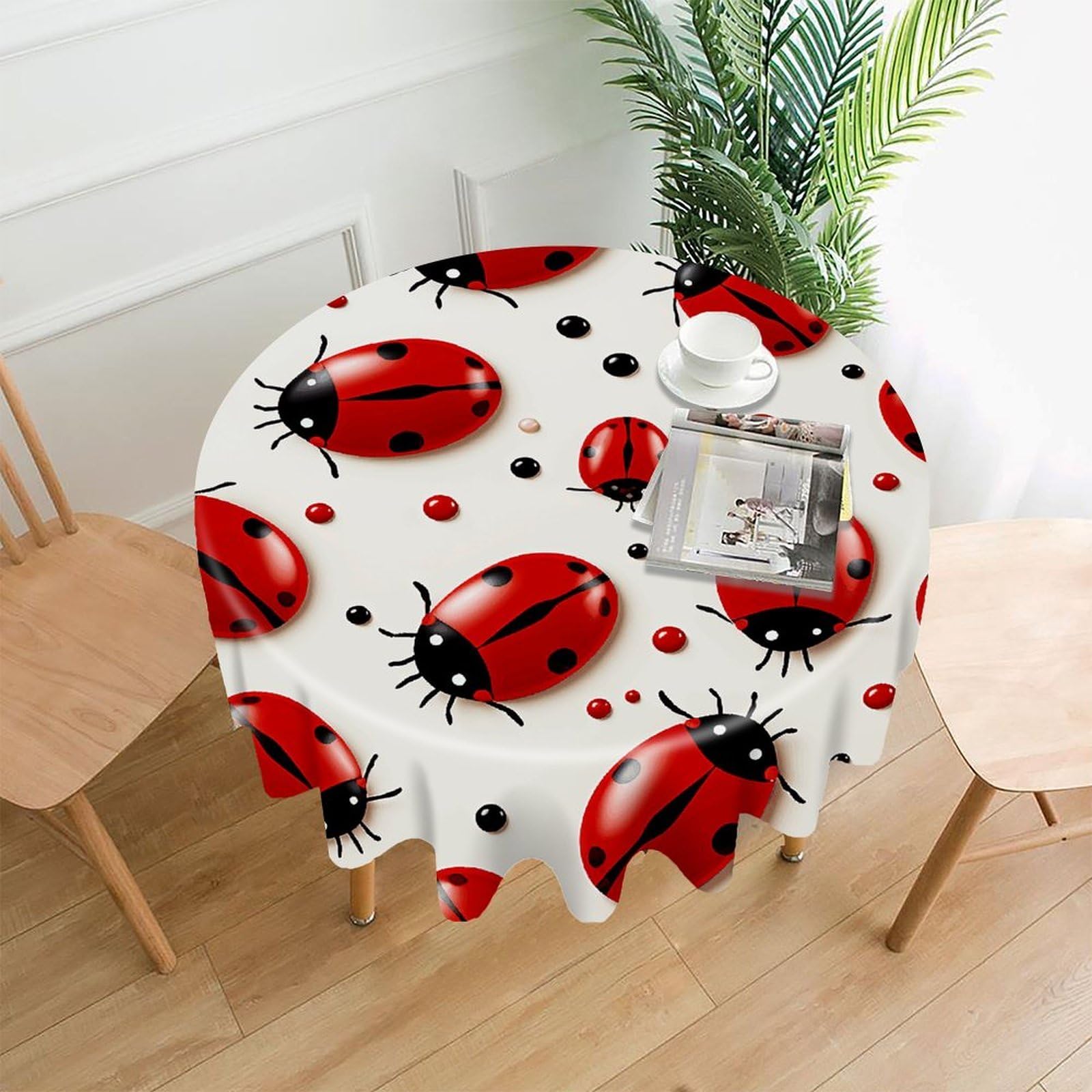 Red Ladybug Tablecloth Exquisite Wrinkle-Free Straight-Edge Round Table Cloth Anti-Fading Premium Polyester Tablecloth Waterproof Folding Table Cloths for Tables Decor