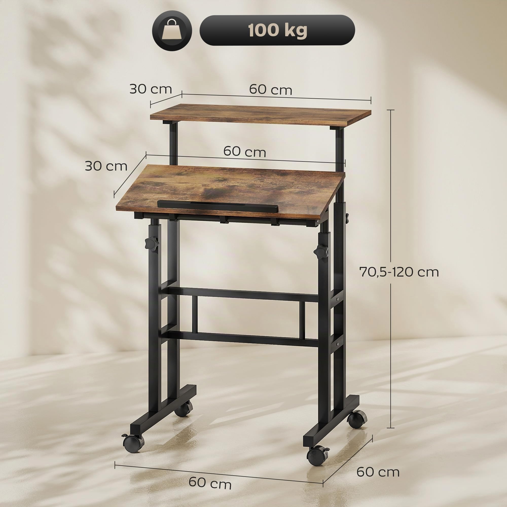 HOMCOM Schreibtisch Höhenverstellbar 60 x 60 x 70,5-120 cm Rustikal Braun