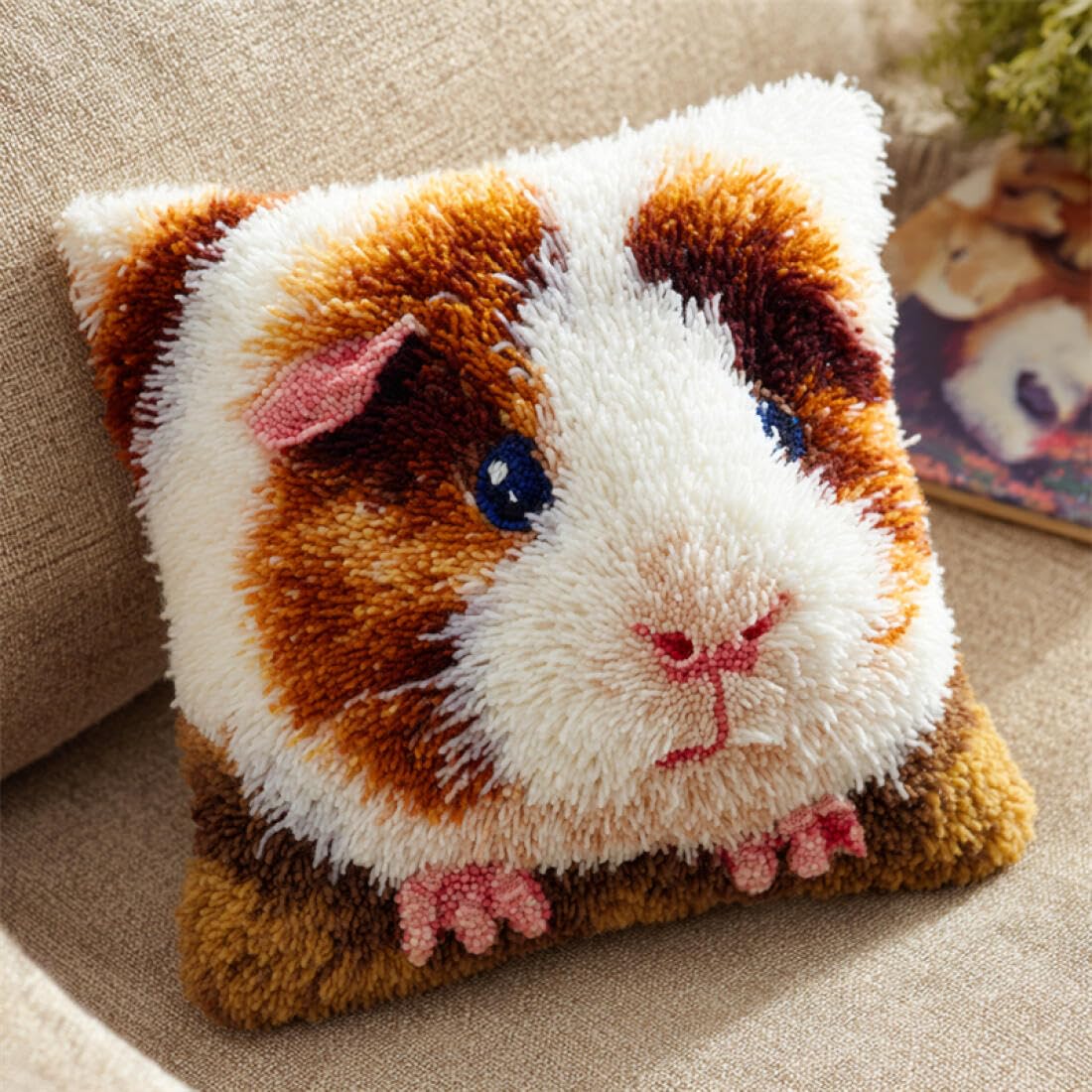 Kitquiver Animal Latch Hook Pillow Kit Cartoon Guinea Pig Crochet Needlework Crafts with Latch Hook Tool for Adults DIY Handmade Home Cushion Kits Decor 17x17In