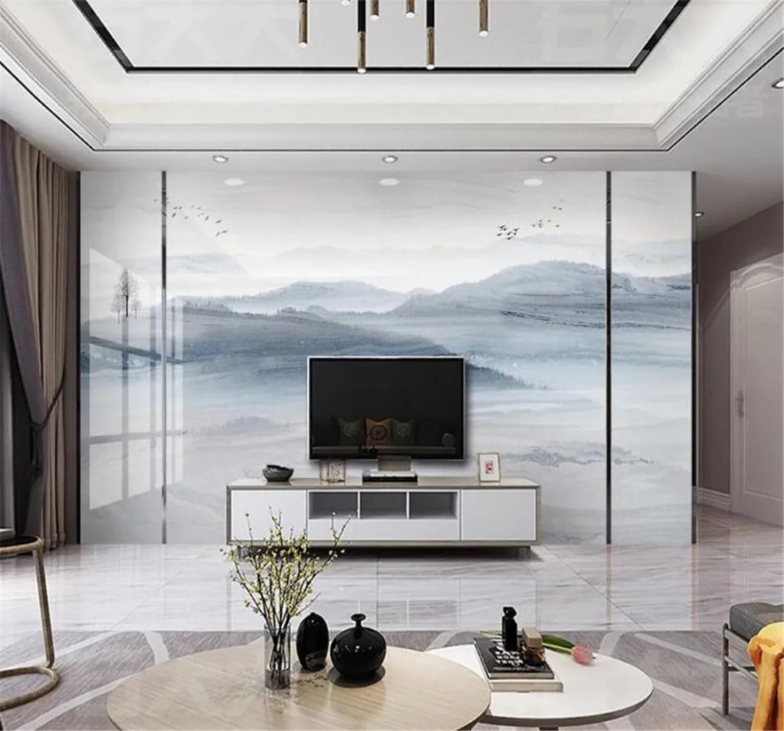 Tzxztt Hand Drawn Ink Wash Landscape Faux Marble Scenery Modern 3D Wallpaper Premium Textured Silk Neutral Tones Material Ideal for Living Room Bedroom-150cm×105cm
