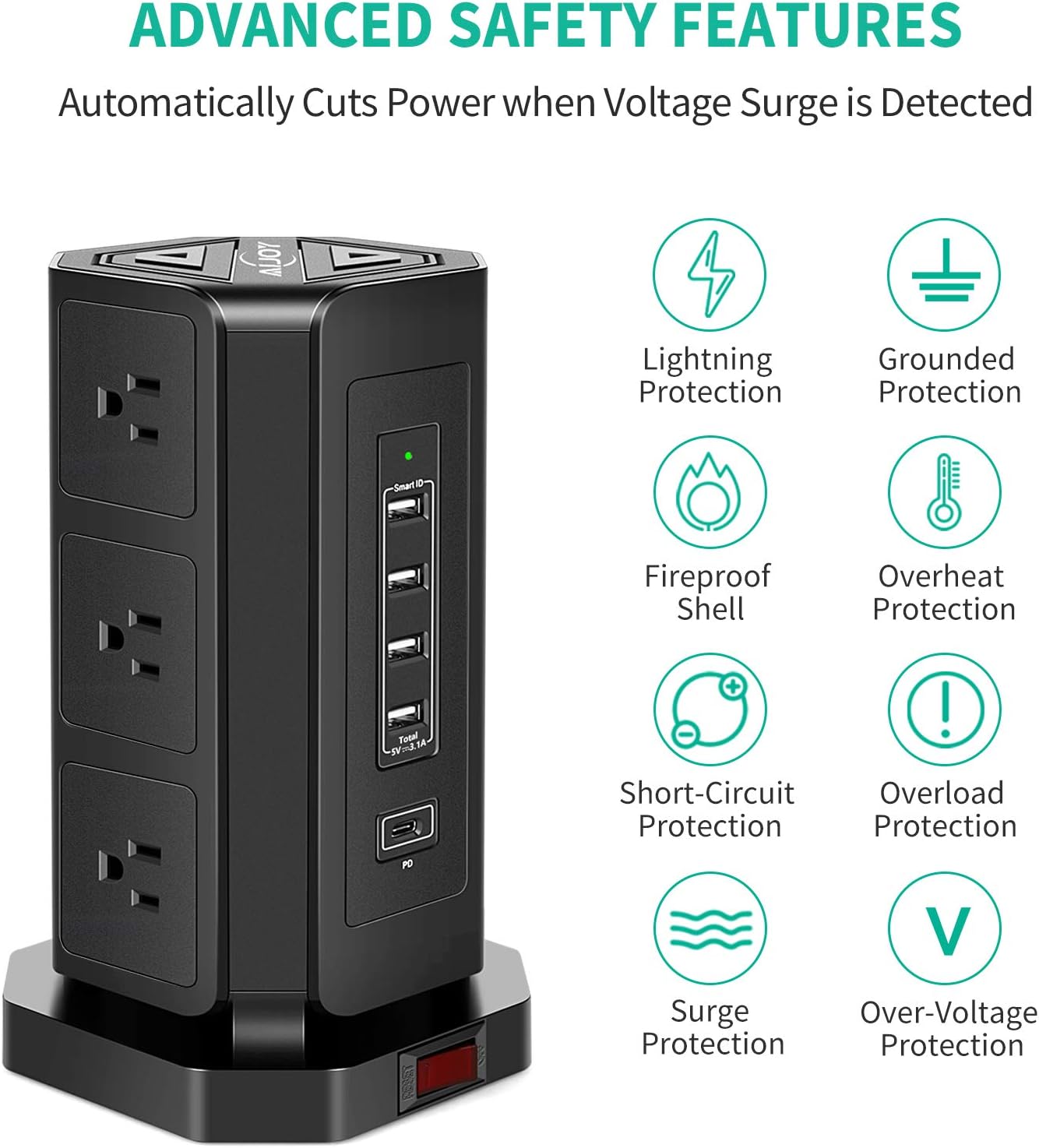 Review AiJoy USB C Surge Protector Power Strip Tower, 9 AC Outlet with 5 USB(4 USB A, 1 18W PD Port) Charging Ports Multi Plug Outlet Long Extension Cord 10Ft