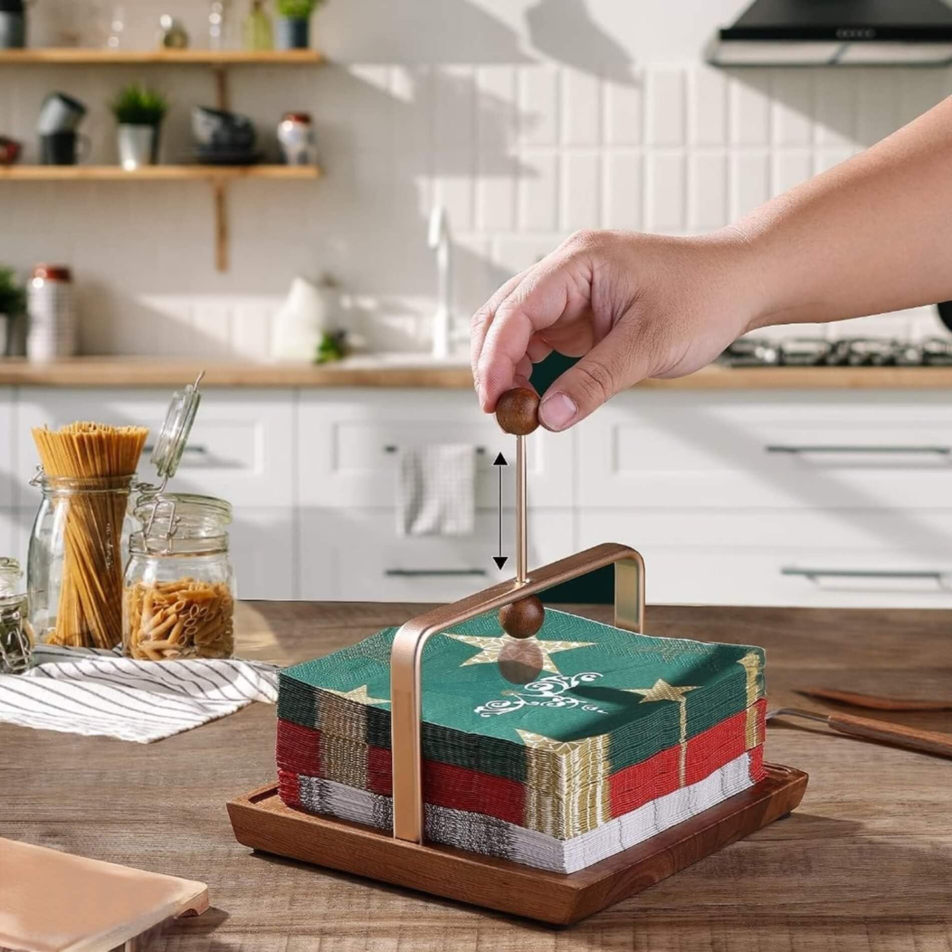 Portatovaglioli da Tavolo in Legno di Acacia e Metallo Dorato, con Braccio Fermatovaglioli Ponderato, Design Moderno ed Elegante per Cucina, Ristorante e Giardino