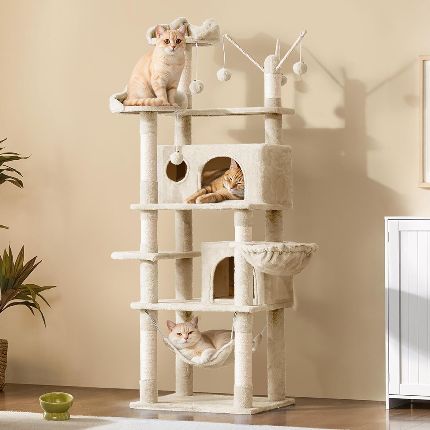Yaheetech Cat Tree, 67in Large Tower w/ 3 Removable Teaser Sticks, 2 Kitten-Ear Shaped Perches, 2 Condos, Hammock, Scratching Post, Multi Level Pet House, Beige