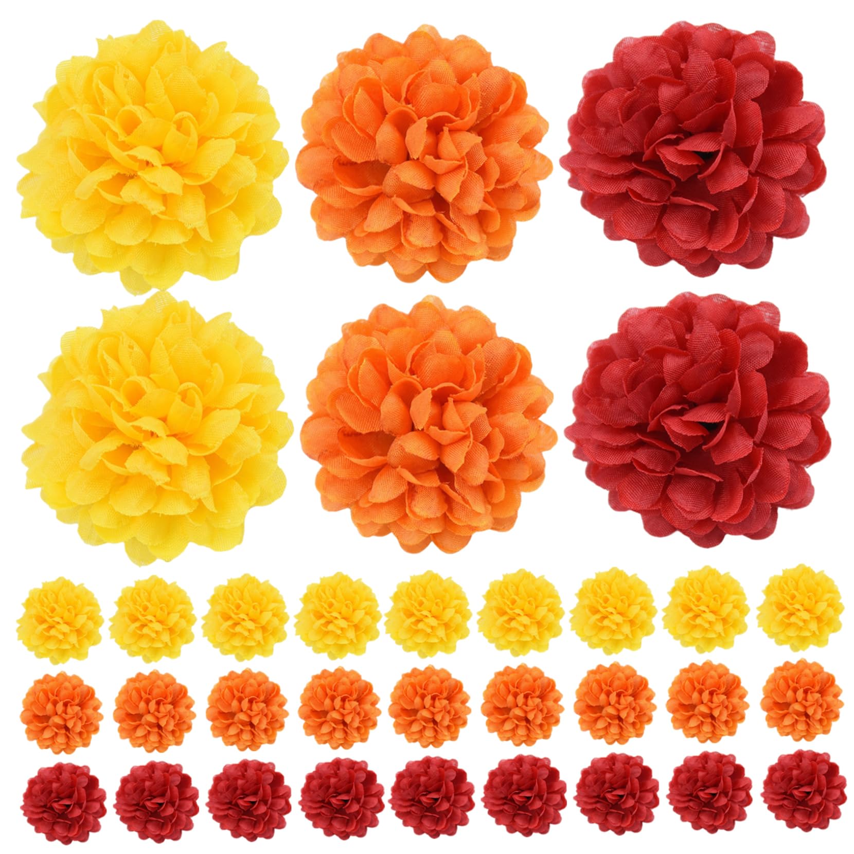 Imooreshine 30PCS Halloween Flowers Head 2 Inch Lifelike Marigold Flowers Head Red Orange Yellow Silk Artificial Marigold for Halloween DIY Wreath Garland Craft