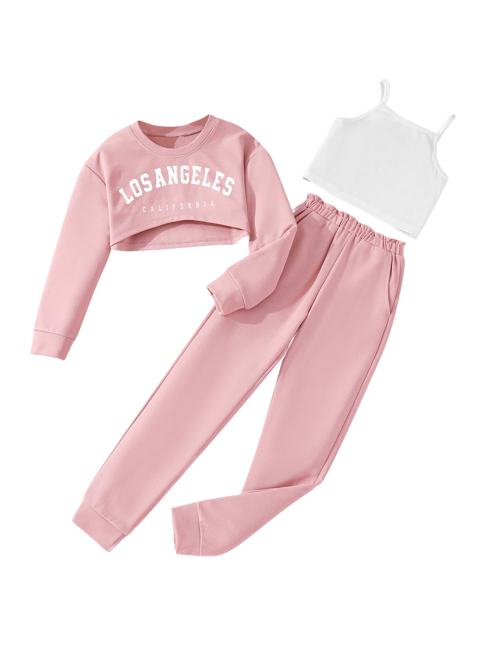 Hilinker Langärmeliges 3-teiliges Outfit für Mädchen, bauchfreies T-Shirt und Cami-Top mit Hose