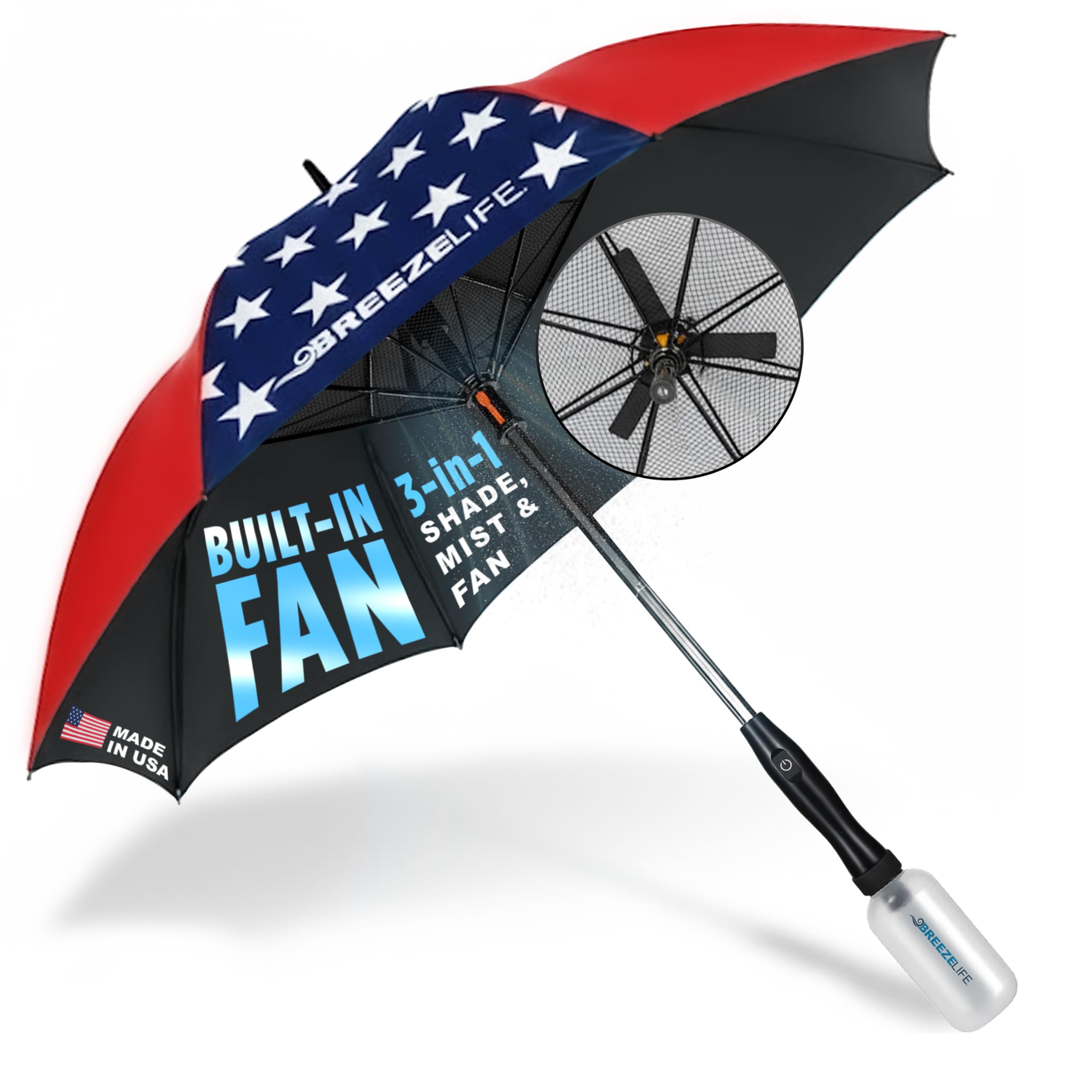 Breeze Life Rechargeable Mister Breeze, Sun Umbrella with Fan and Mister, Umbrella Mister with Built-in Fan, For Festivals, Beach and More, Blocks Harmful Sun Rays, Mist bottle included