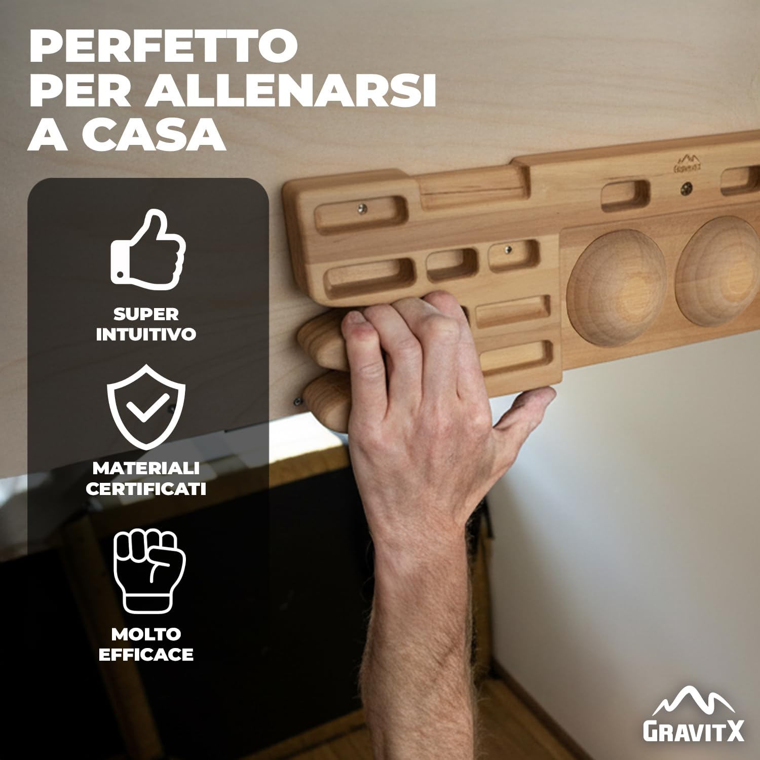GravitX – Tavola da Arrampicata in Legno 65 cm – Fingerboard da Allenamento con Multiprese 18 a 45 mm – Montaggio a Muro con Gancio di Sicurezza e Piastre in Gomma