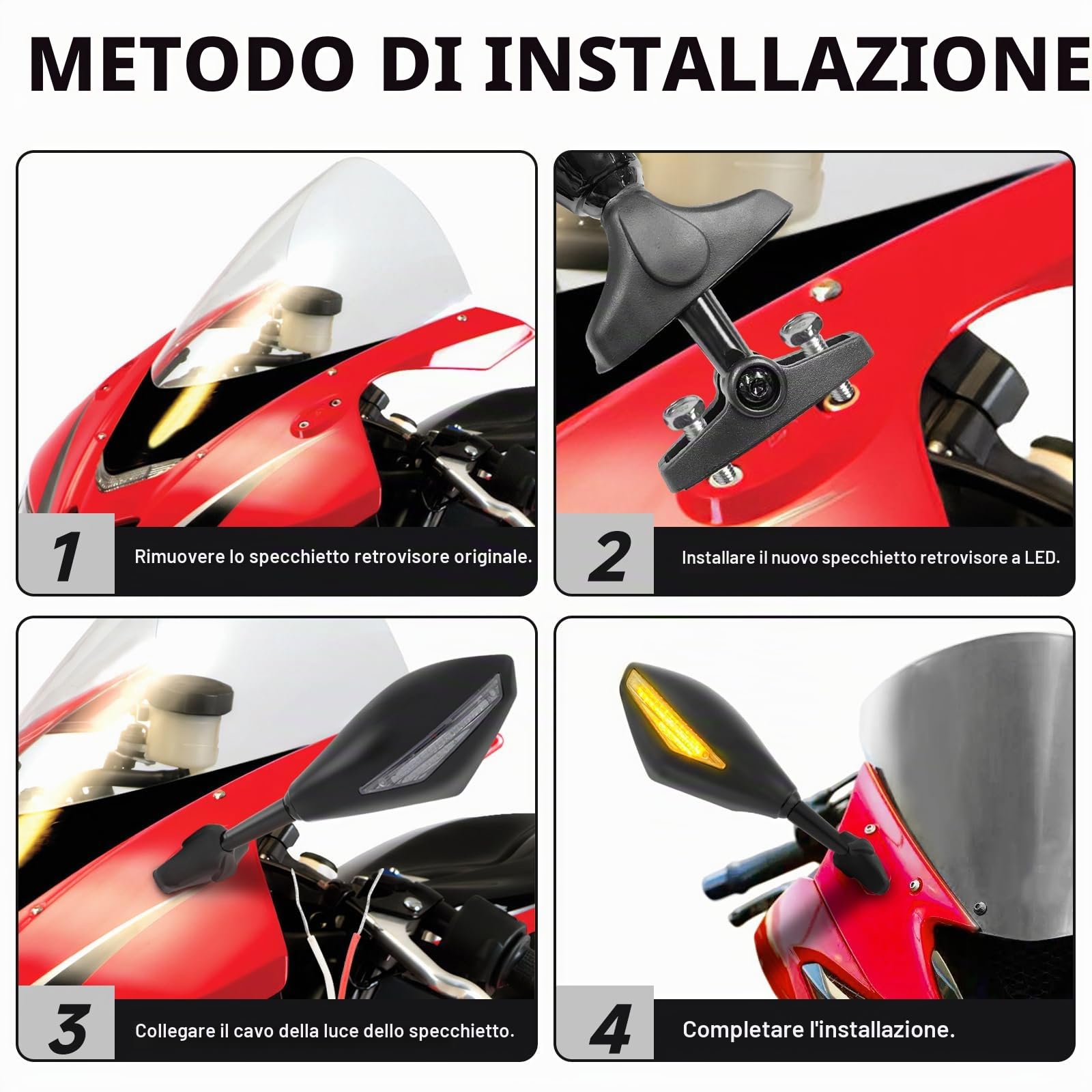 Specchietto Retrovisore Universale per Moto con Indicatore di Direzione a LED Freccia Indicatore Moto Specchietti Retrovisori Laterali CBR GSXR YZF CBR929RR GSXR1000- Nero Lucido