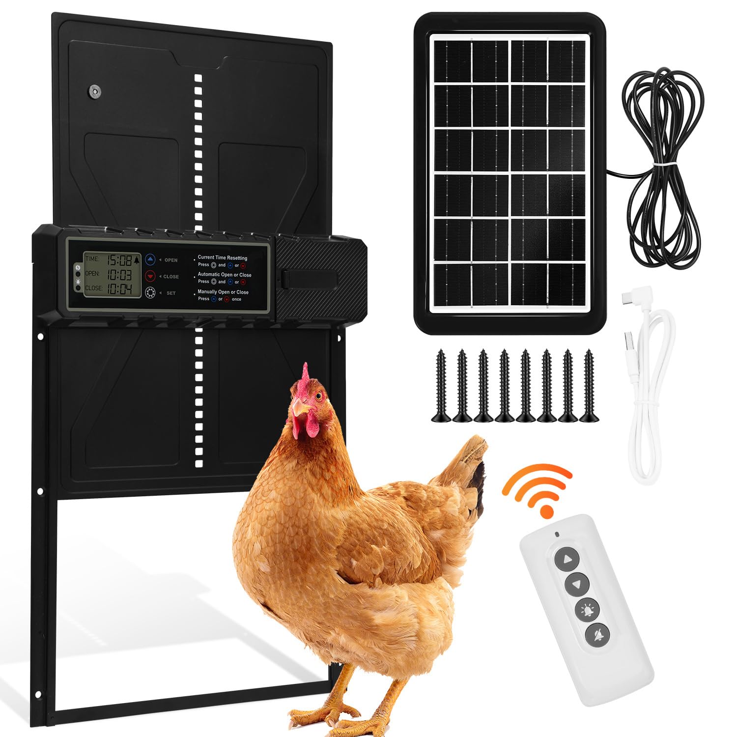 Hühnerklappe Automatisch Solar, Aluminum Elektrische Hühnerklappe Hühnertür mit Wasserdicht Großes LCD Display, Timer und Fernbedienung, Einklemmschutz