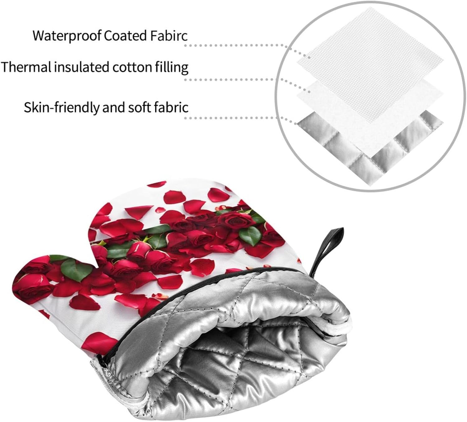 (Red Rose Petals) Baking 4-Piece Set: 2 Oven Mitts and 2 Pot Holders Heat Resistant Waterproof Hanging Loop for Kitchen Oven Grill Housewarming Gifts