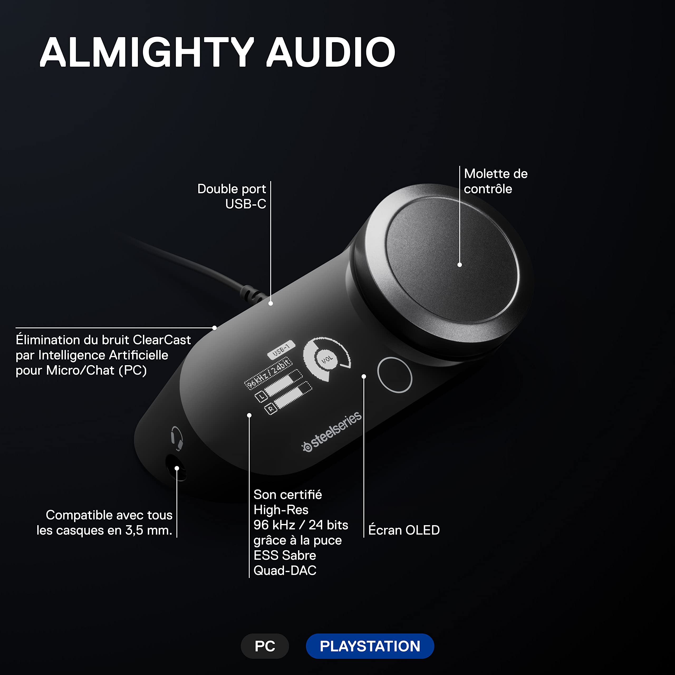 SteelSeries GameDAC Gen 2 Amplificateur Audio Hi-Res - ESS Sabre Quad-DAC - Élimination du Bruit par l’IA - Son Spatial 360° - Certifié Hi-Res - PC, PS5, PS4